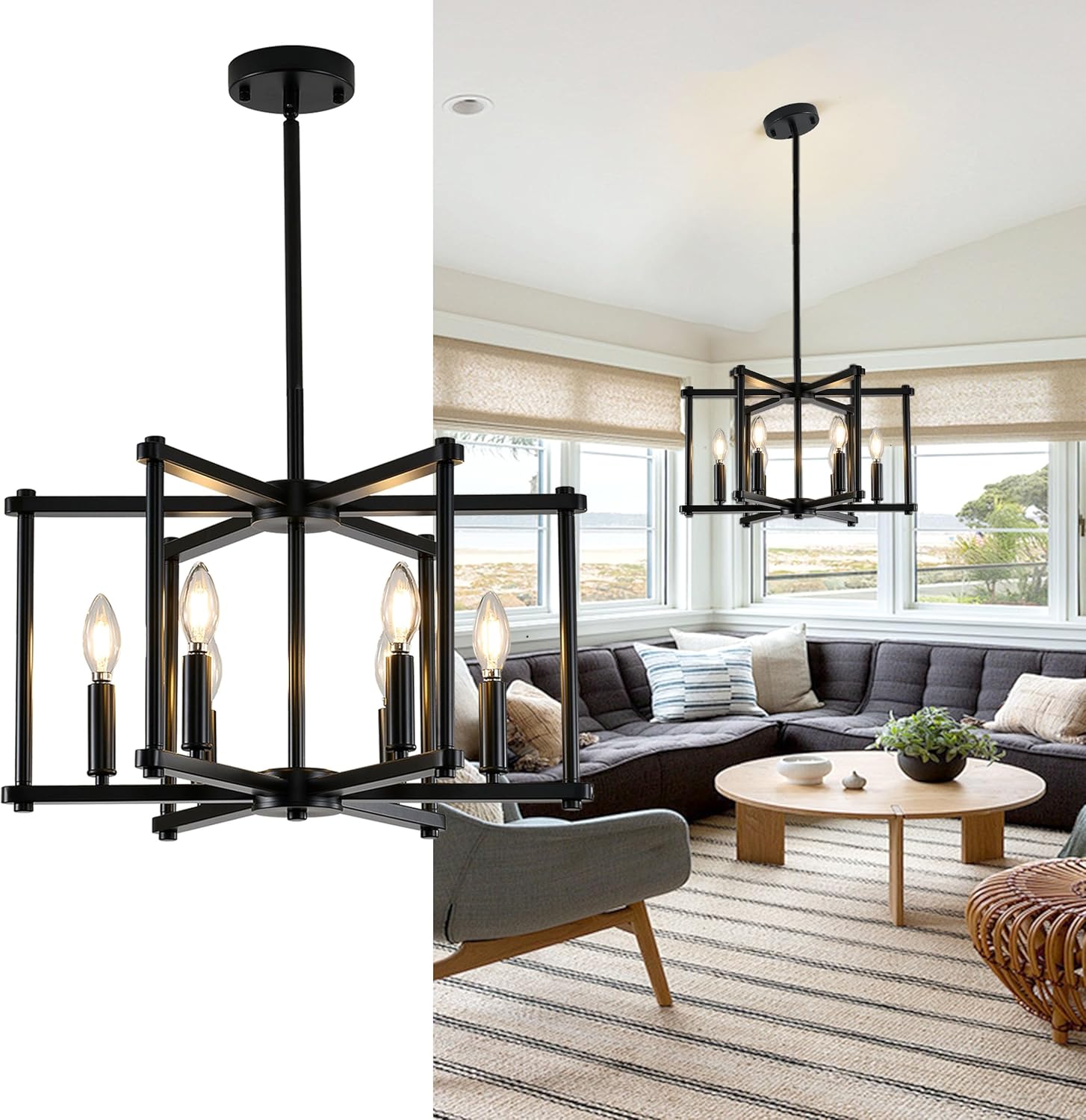 Black Farmhouse Chandelier, 6-Light Geometric Dining Room Light Fixture, Modern Industrial Ceiling Light for Entryway & Foyer, E12 Base