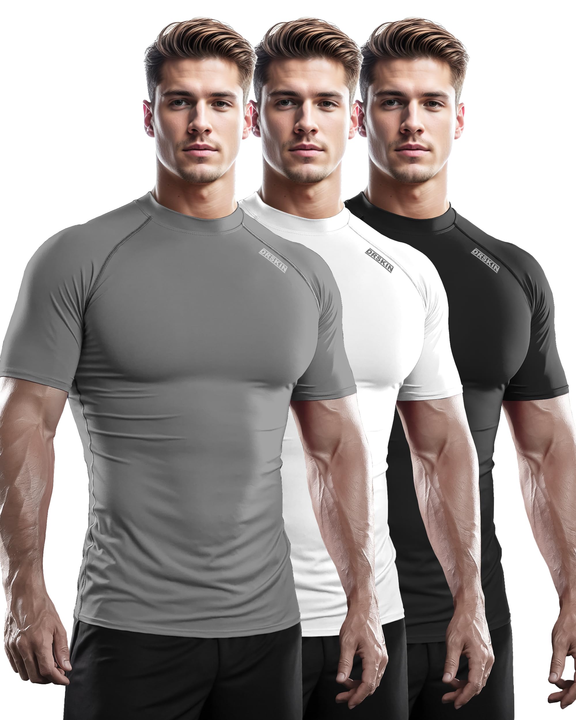 DRSKIN 3, 2 or 1 Pack Men's Compression Shirt Short Sleeve Top Baselayer Sports T-Shirt Athletic Running Active Workout