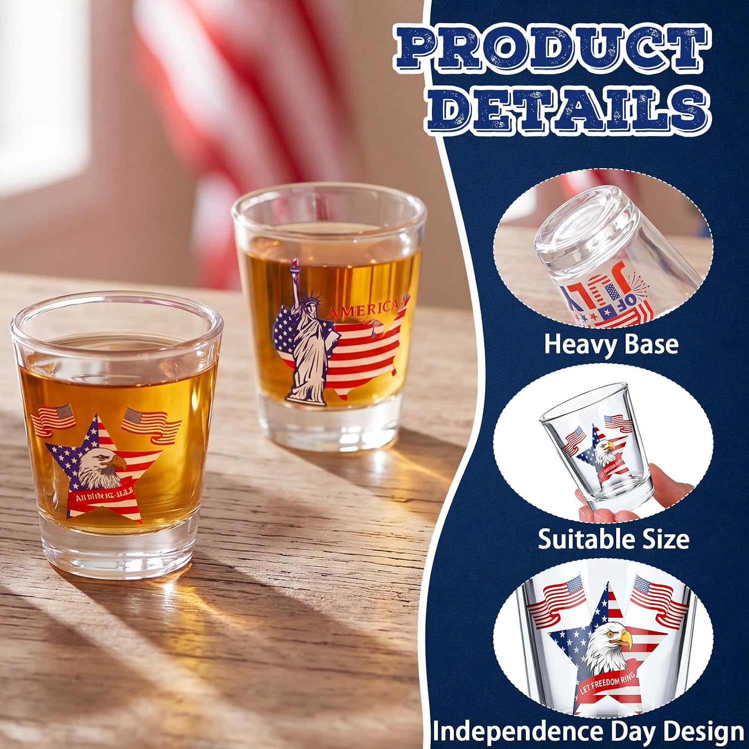 Condition photo showing New/Like New for qinyoung 24 sets 4th of july shot glasses bulk 2 oz patriotic mini clear shot cups glasses with cards gifts bags for memorial independence veterans day party favors supplies (4th of july) 24 4th of july