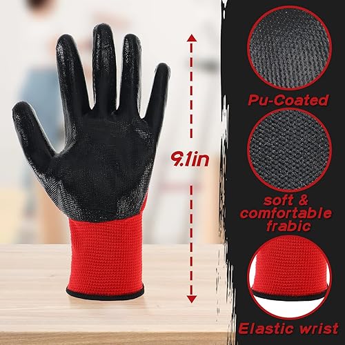 Miniatura 2 de 36 pares de guantes de trabajo con revestimiento de nitrilo negro y rojo para hombres, jardinería, construcción, almacén, actividades en interiores