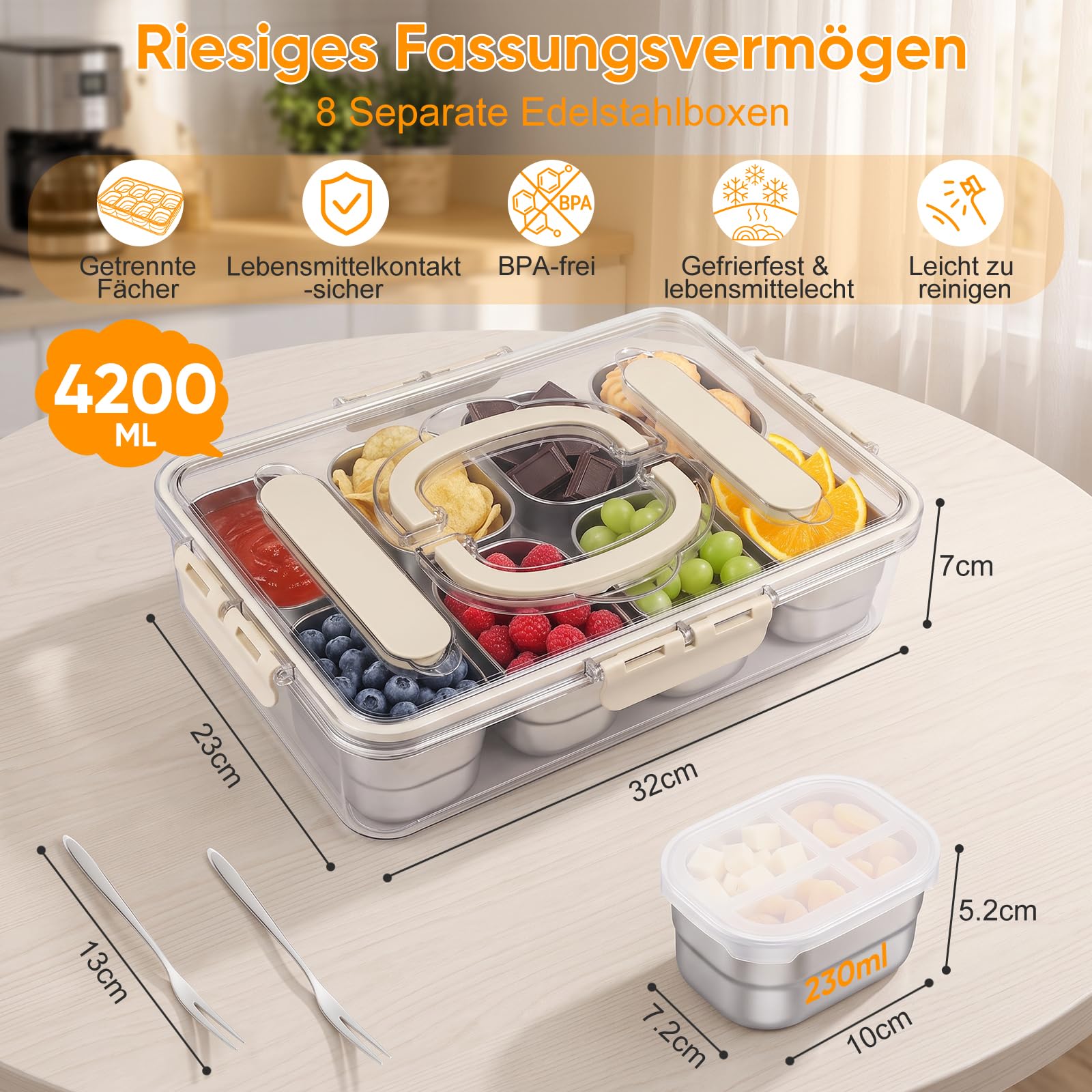 Edelstahl Snackbox mit 8 Fächern – Tragbare Box mit Deckel & Griff, auslaufsicher, luftdicht, spülmaschinenfest – für Snacks, Süßes, Kekse, Gemüse, Nüsse, Obst & Gewürze – Ideal für Picknick & Reise