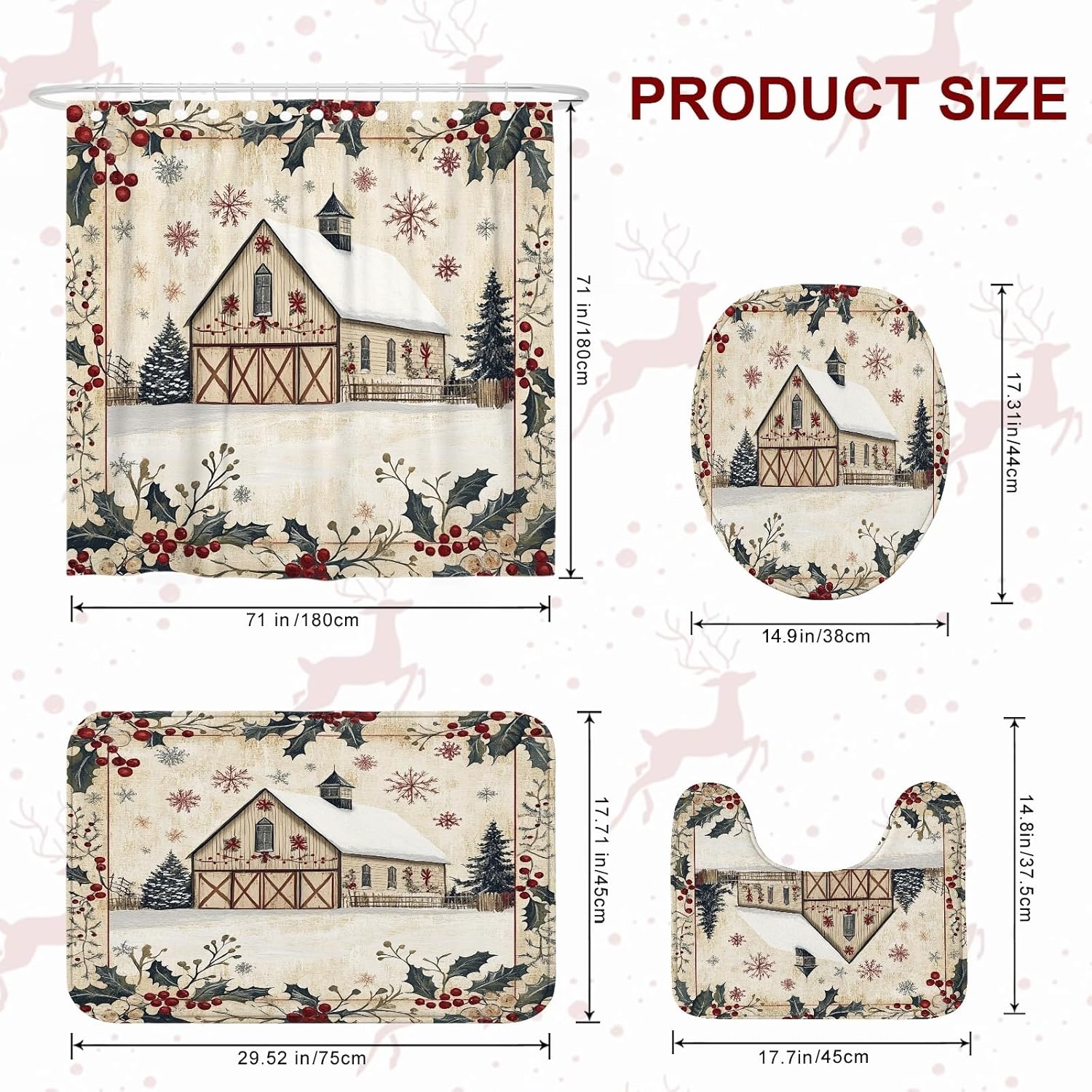 4PCS Winter Farmhouse Merry Christmas Bathroom Sets with Non-Slip Rug, U Shape Toilet Lid Cover Mat, Country Barn Xmas Scenic Bathroom Decoration 72''x72''