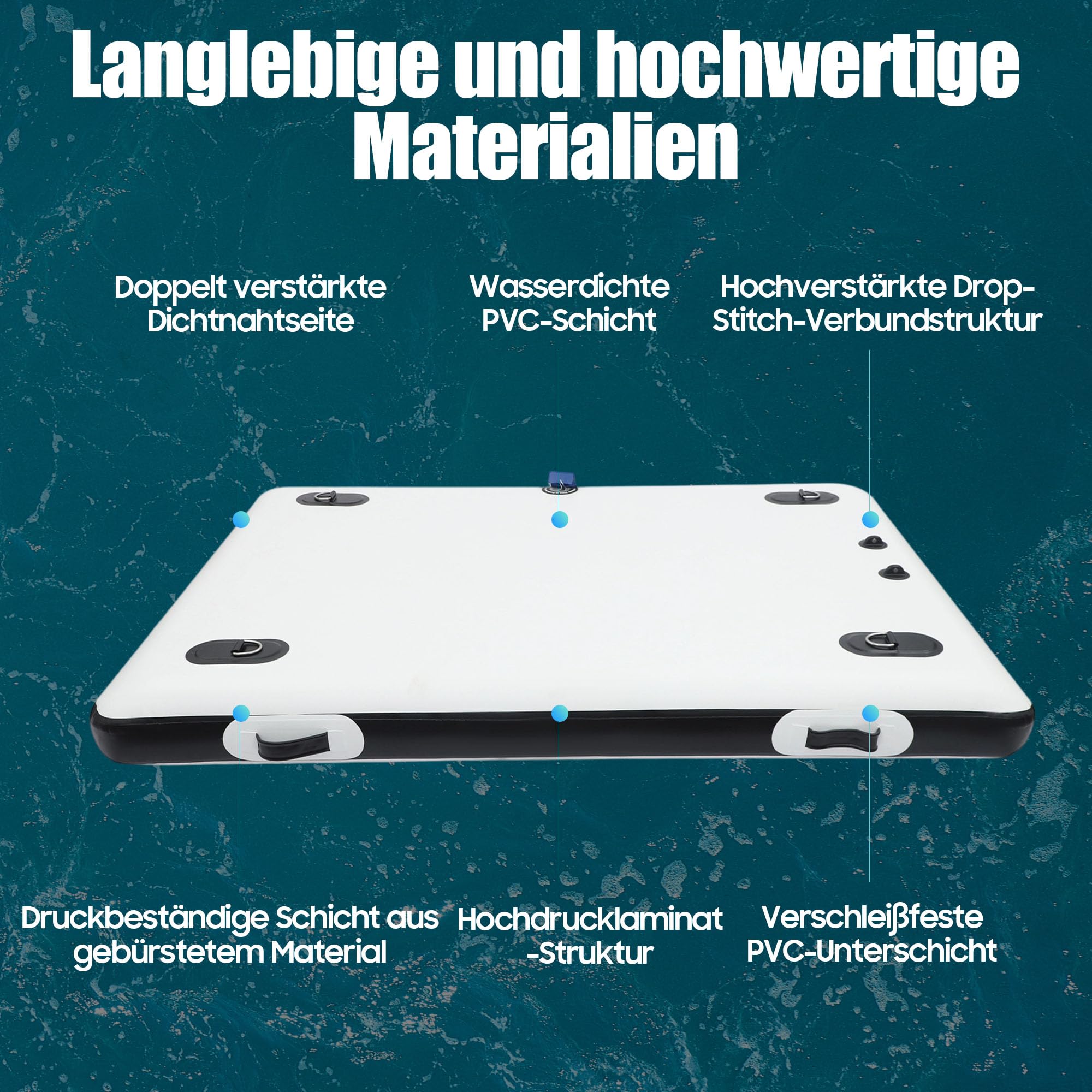 Aufblasbare schwimmende Plattform, 2 x 1,5 m PVC Schlauchboot für Angler, Fishing Plattform mit 2 Rudern und Luftpumpe, Tragkraft 400 kg, für See Schwimmbad Yoga Weiß Schwarz