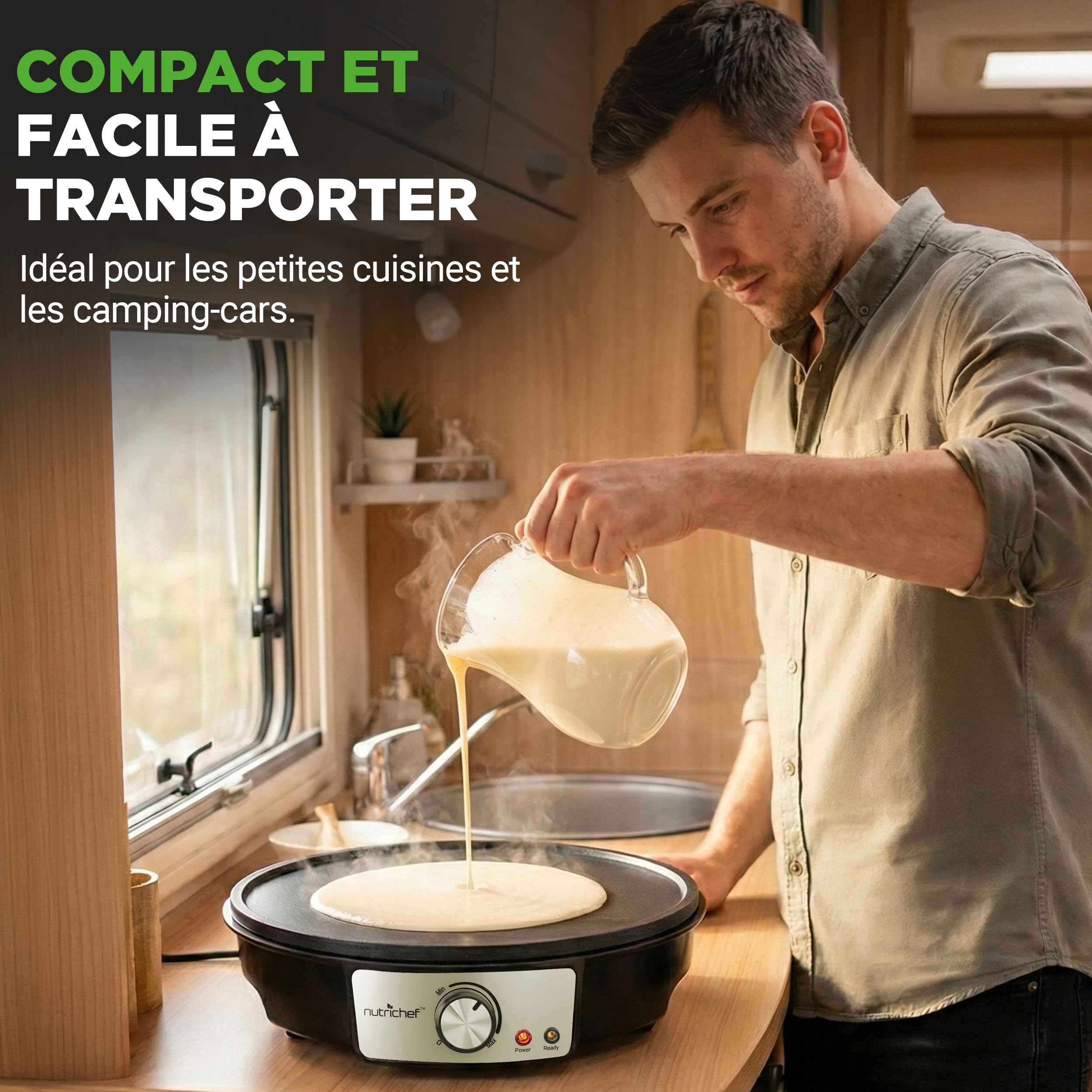 NutriChef Crêpière Électrique 30 cm – Plaque en Aluminium Antiadhésive avec LED, Thermostat Réglable, Spatule Bois et Râteau Inclus