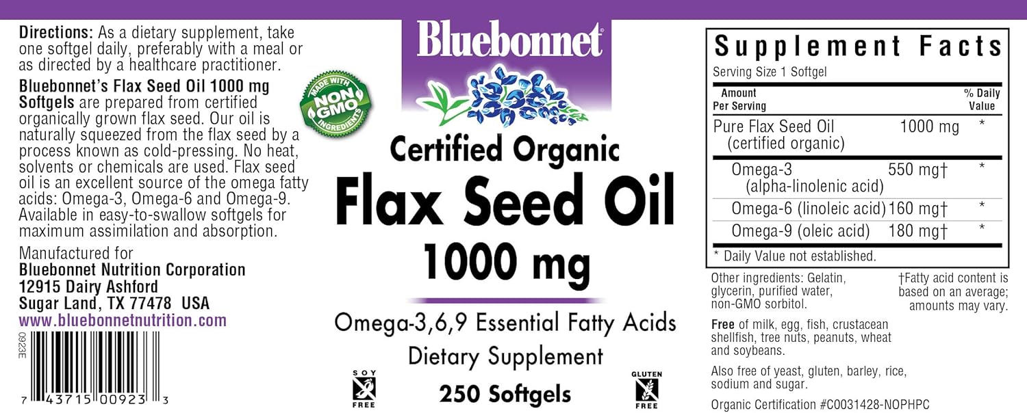 Bluebonnet Nutrition Flax Seed Oil Certified Organic 1000 mg, 250 Softgels : Health & Household