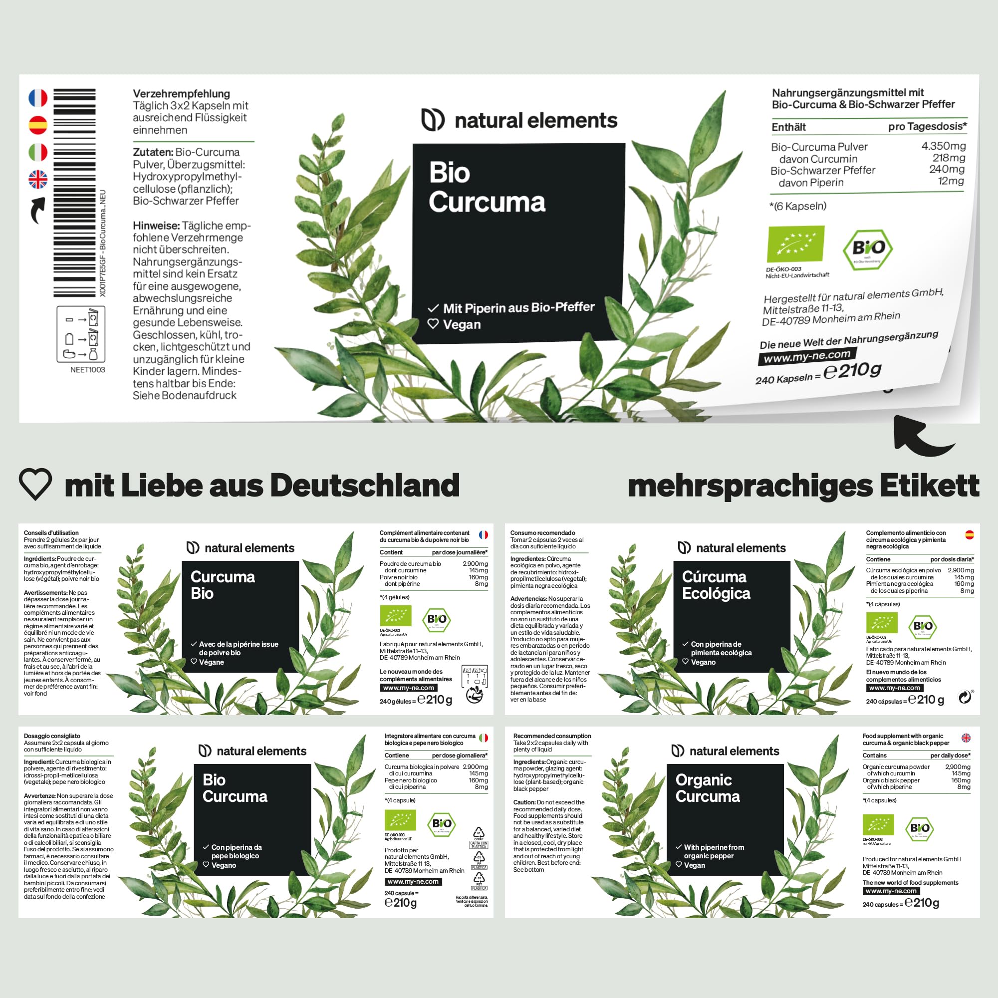 natural elements Bio Curcuma mit schwarzem Pfeffer – 240 Kapseln – 4350mg Bio-Curcuma (Kurkuma) pro Tagesdosis – mit Curcumin & Piperin – hochdosiert, vegan – in Deutschland produziert & laborgeprüft