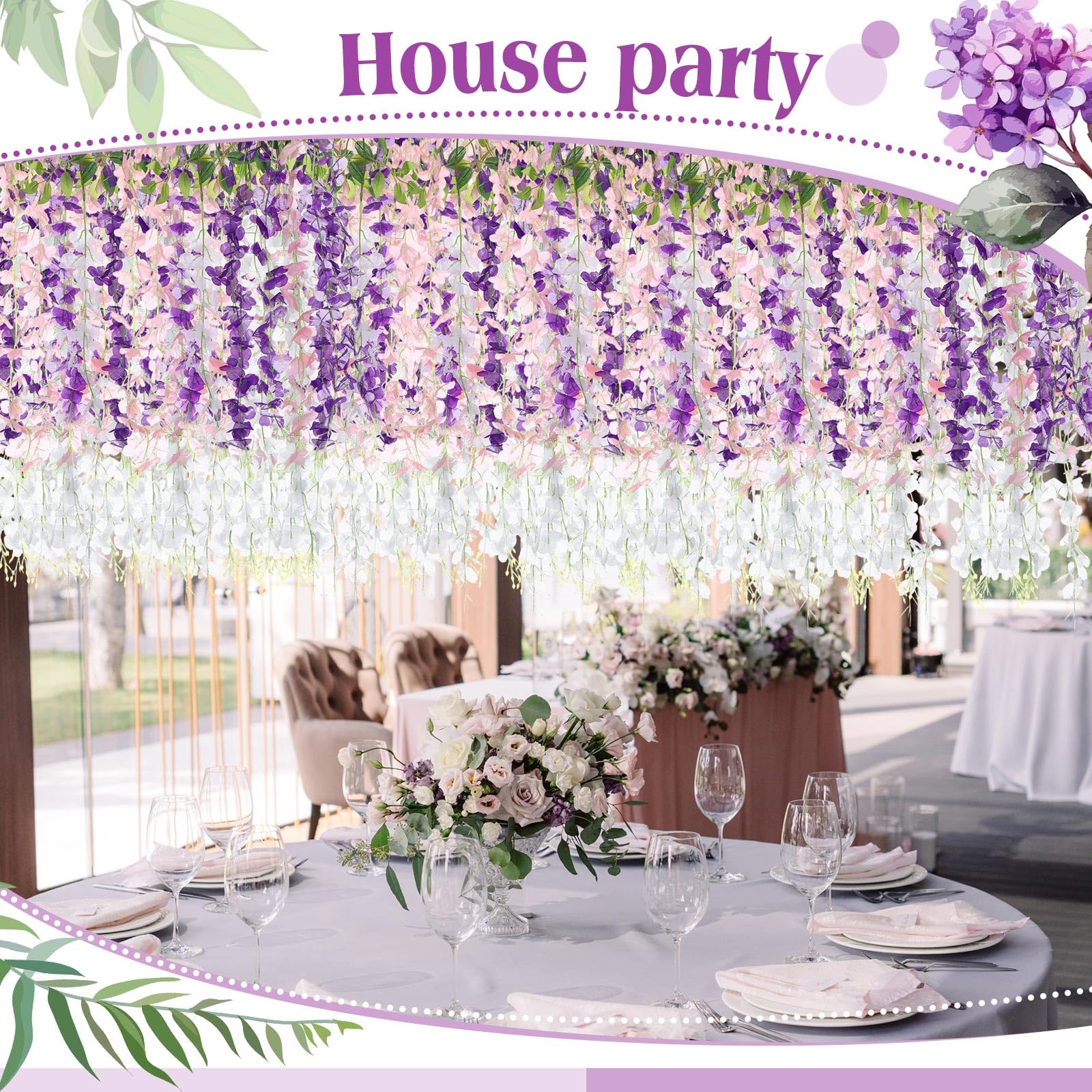 Thiccywoov Lot de 24 glycines artificielles à suspendre - 1 m - Guirlande de glycines artificielles pour toile de fond, décoration de mariage, fête à la maison (rose, blanc, violet)