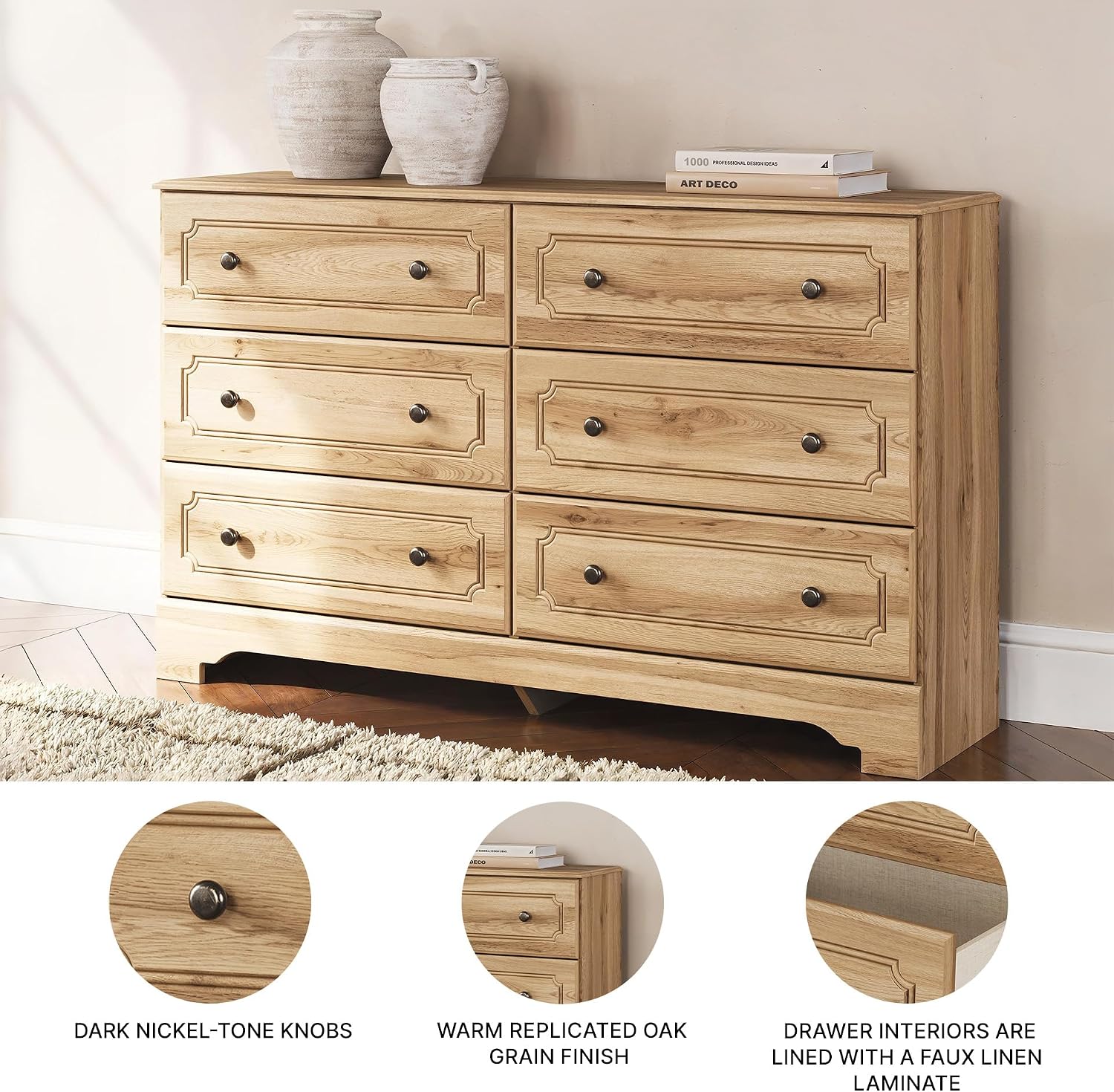 Signature Design by Ashley Bestmere Traditional 6-Drawer Dresser with Oak Finish, Light Brown