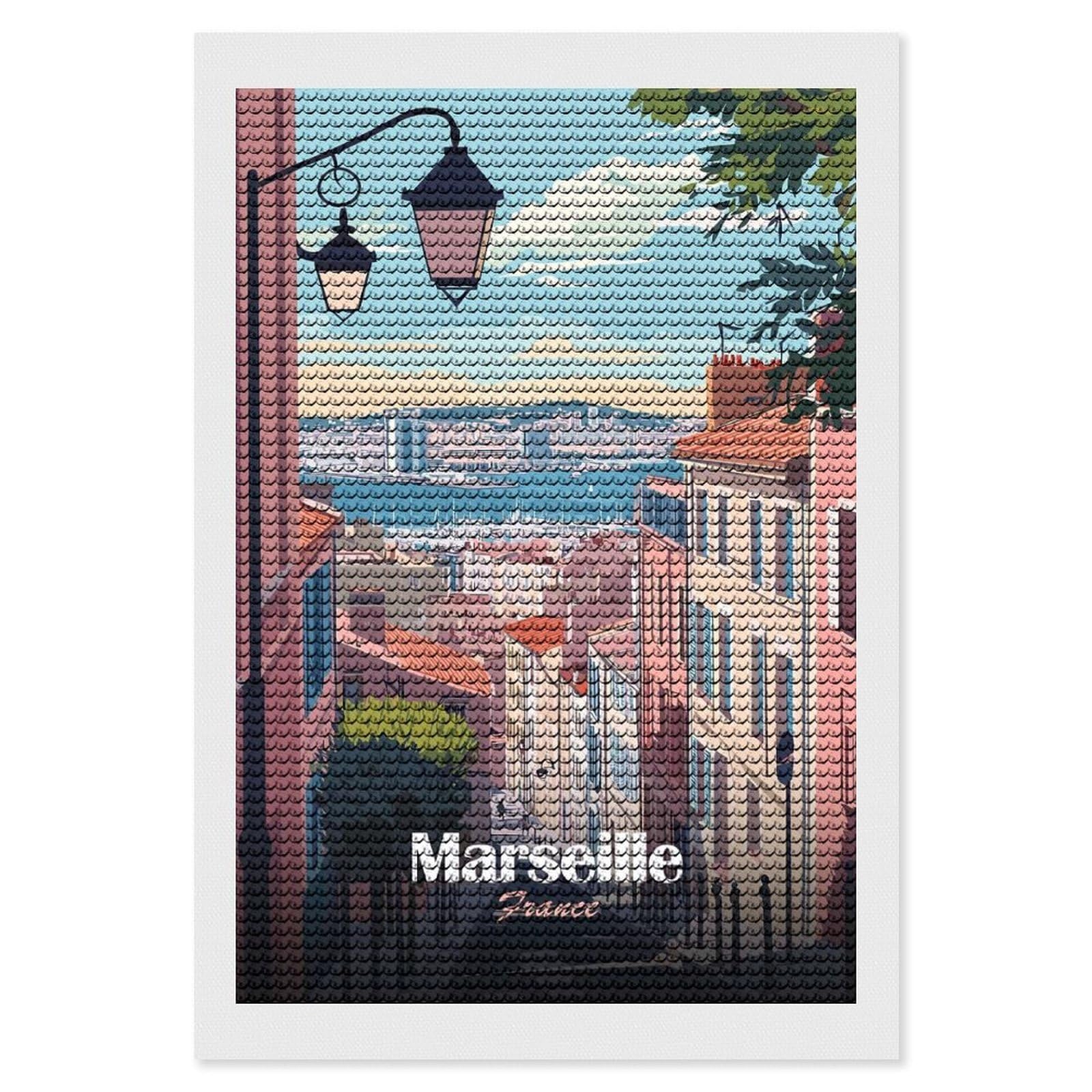 Junmoney Marseille France Cityscape Travel DIY Diamond Art Canvas Kit 8"x12", for Adults, Decorate Your Room, Gift Idea, Modern Decor, Finish and Display