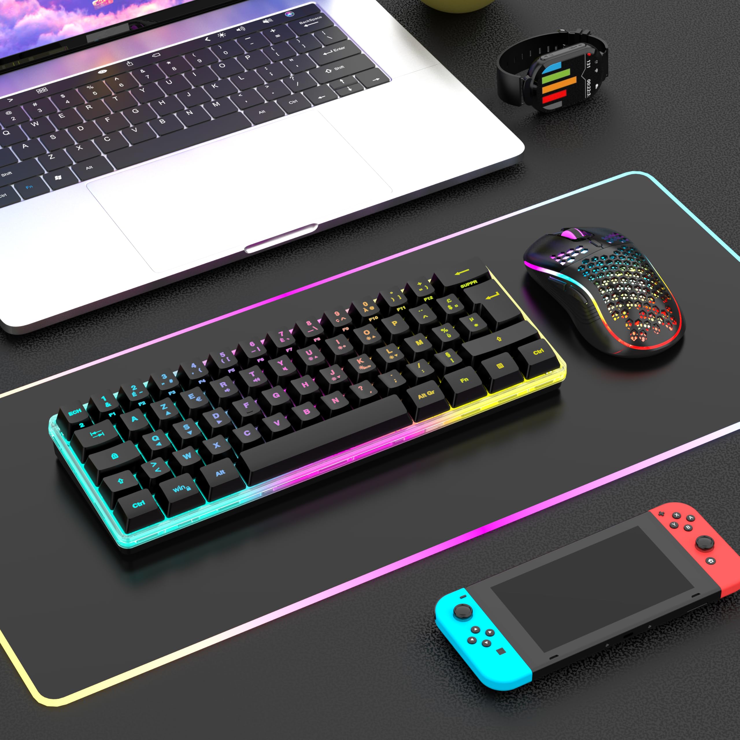 RedThunder Teclado Mecánico Inalámbrico Gaming 60%,Retroiluminación RGB Dinámica,Ratón Celular Ligero de 3200 dpi,Teclado Ultra-Compacto 62 Teclas Anti-ghosting,Disposición QWERTY ES,para PC/PS5/Xbox