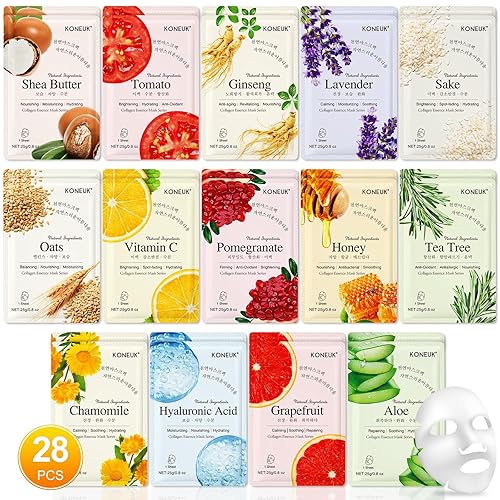 KONEUK 28 Pack Sheet Face Masks Skincare, Hydrating Face Masks Suitable for Sensitive Skin, Bulk Facial Mask Gifts Set for Women Skin Care, Home Skincare Spa for All Skin Types - B-28 Pack Facial Masks
