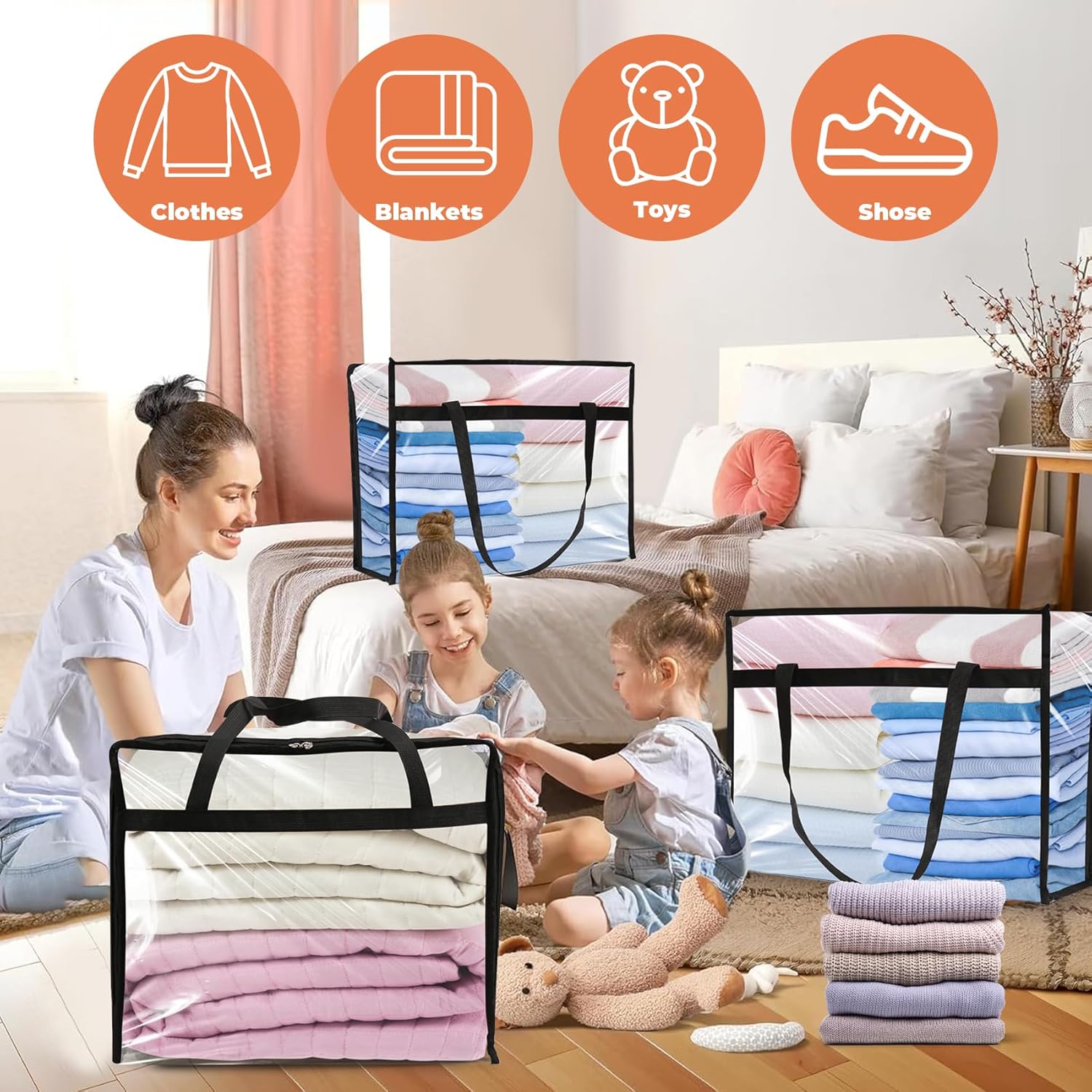 透明プラスチックストレージバッグ 4個パック 40L+40L + 60L + 90L 衣類収納バッグ ジッパー付き クローゼットオー