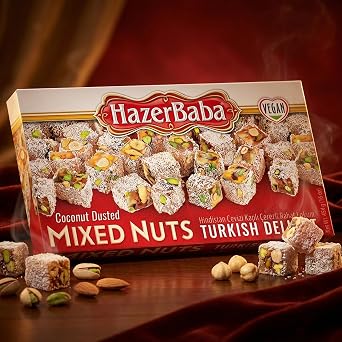 HazerBaba Coconut Dusted Turkish Delight Candy with Nuts, 16oz (Pack of 1) | Lokum, Middle Eastern Sweets, Gluten Free Candy Variety Pack, Vegan Snack Box, Small Gift Box, Kosher Dessert, Halal Food