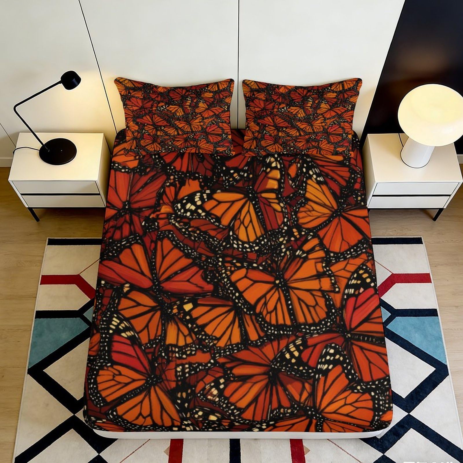 3D Printed Monarch Butterfly Fitted Sheet Microfiber Soft Orange Bed Cover Anti-Slip Washable for Bedroom Guest Room 90x200x25cm