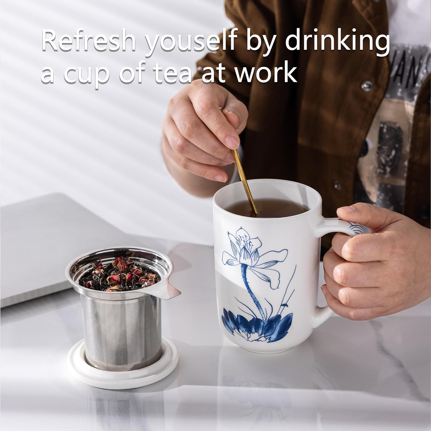 AmorArc Porcelain Tea Mug with Infuser and Lids, 18 Oz Large Cup Strainer with Bag Holder for Loose Leaf Tea, Steeping Coffee Mug for House-warming Wedding Birthday Gift - Image 6