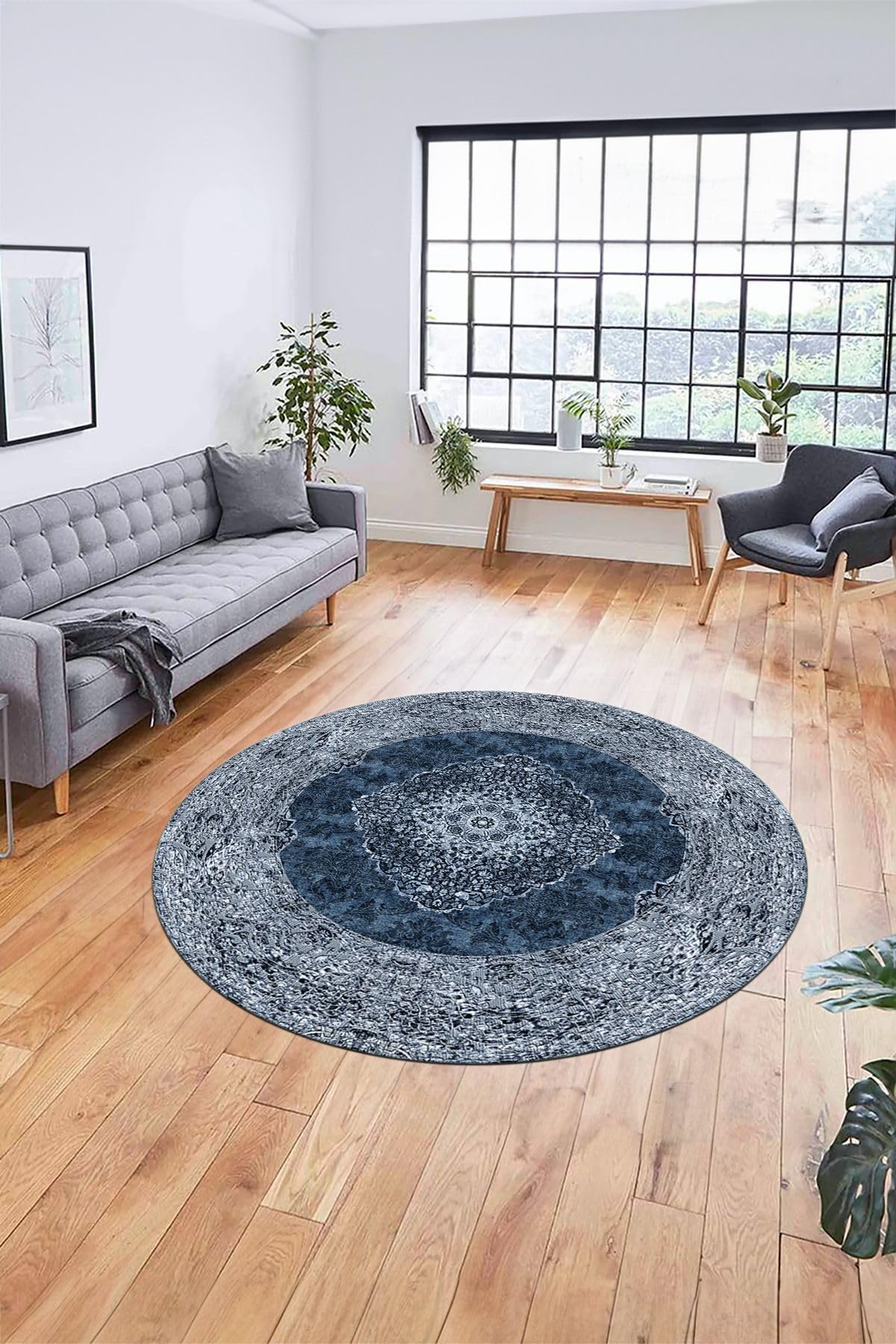 Evdeya Baskılı Kaymaz Yıkanabilir Göbekli Klasik Desen Yuvarlak Salon Halısı Y-KLASİK-07, Mavi, 160 x 160