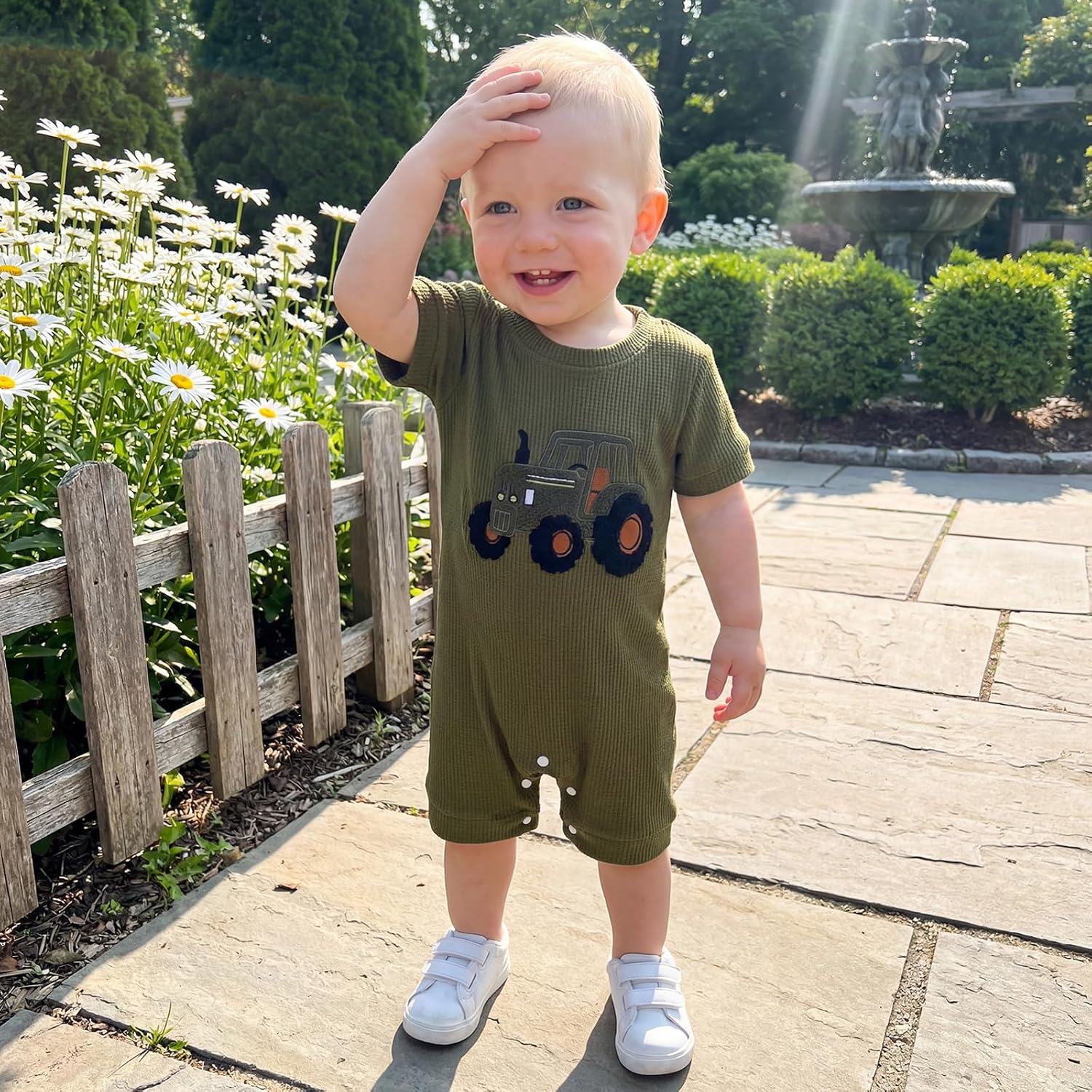 FYBITBO Infant Baby Boy Clothing Waffle Knit Short Sleeve Rompers Tractor Embroidery Jumpsuit Newborn Outfit Summer Clothes image 3