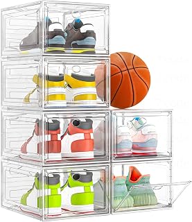7 Code Thickened Clear Stackable Shoe Organizer with Magnetic Door - 6 Pack Sturdy Plastic Boxes for Closet, Sneakers & Boots, White