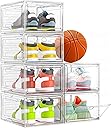 Thickened Clear Shoe Storage Organizer with Magnetic Door, Sturdy Stackable Shoe Boxes for Closet, Collapsible Space-Saving Shoe Rack for Sneakers & Boots, Plastic Shoe Cabinet Box Set, 6 Pack, White