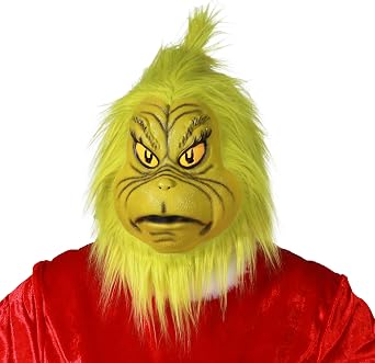 The Grinch  Mask with Synthetic Hair, Green Christmas Mask for Adults, One-Size Halloween & Christmas Party Fancy Dress Accessory