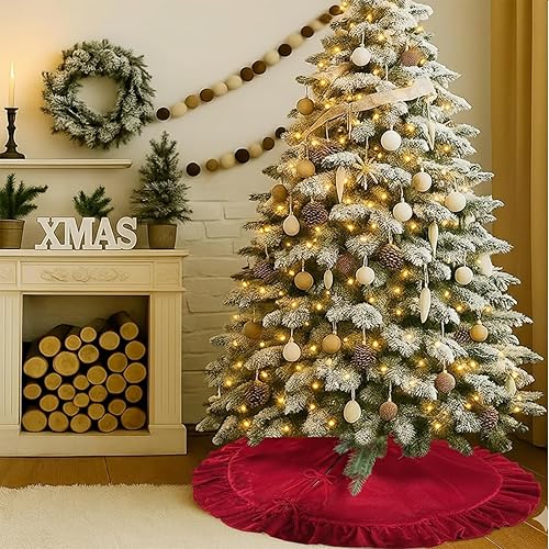 Vista 26 de Faldones de felpa para árbol de Navidad, 36 pulgadas, tapete de lujo de piel sintética blanca nevada con copos de nieve dorados para decoración