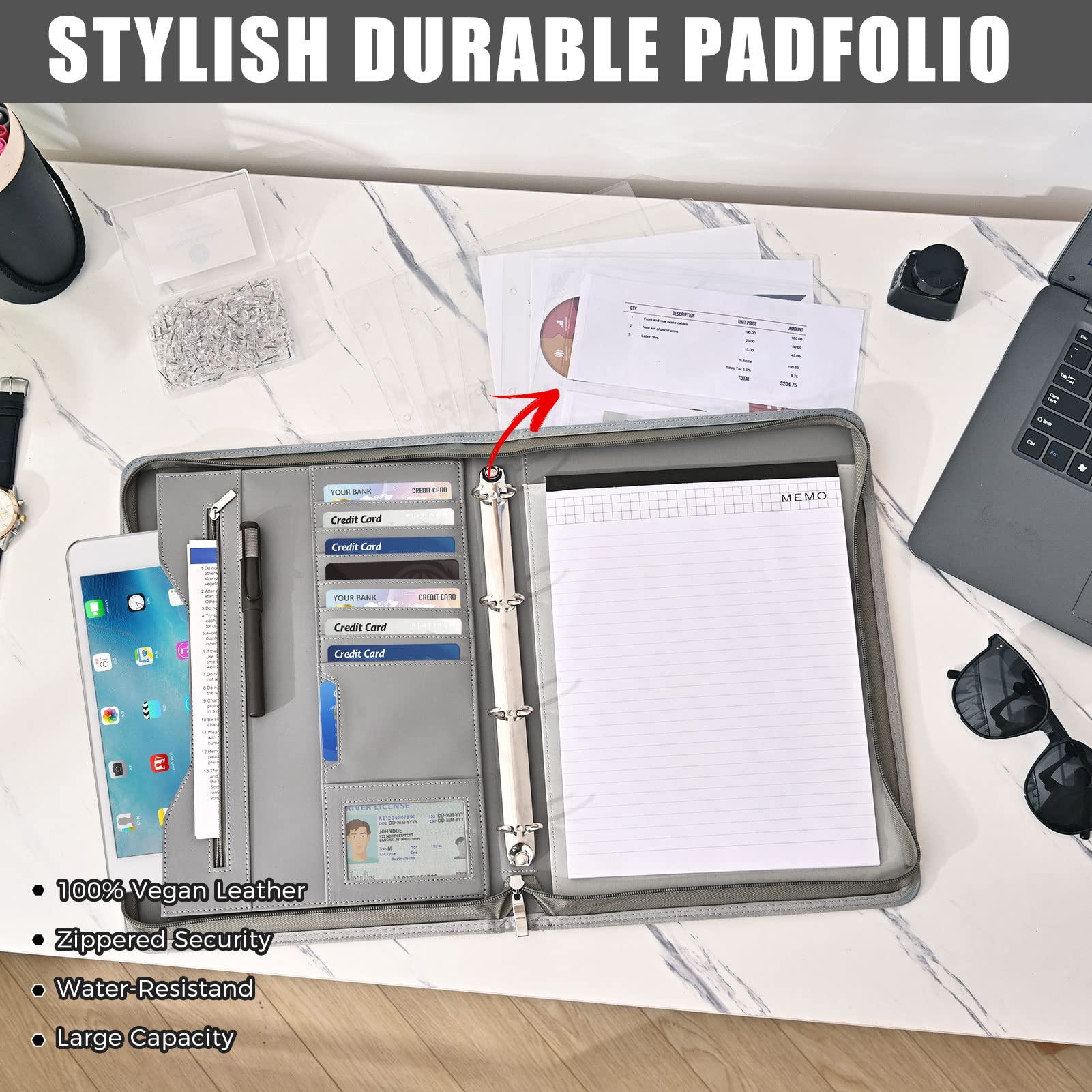 Porte-documents organiseur d'affaires et carnet de notes à anneaux amovibles, classeurs à fermeture éclair pour homme et femme (gris)