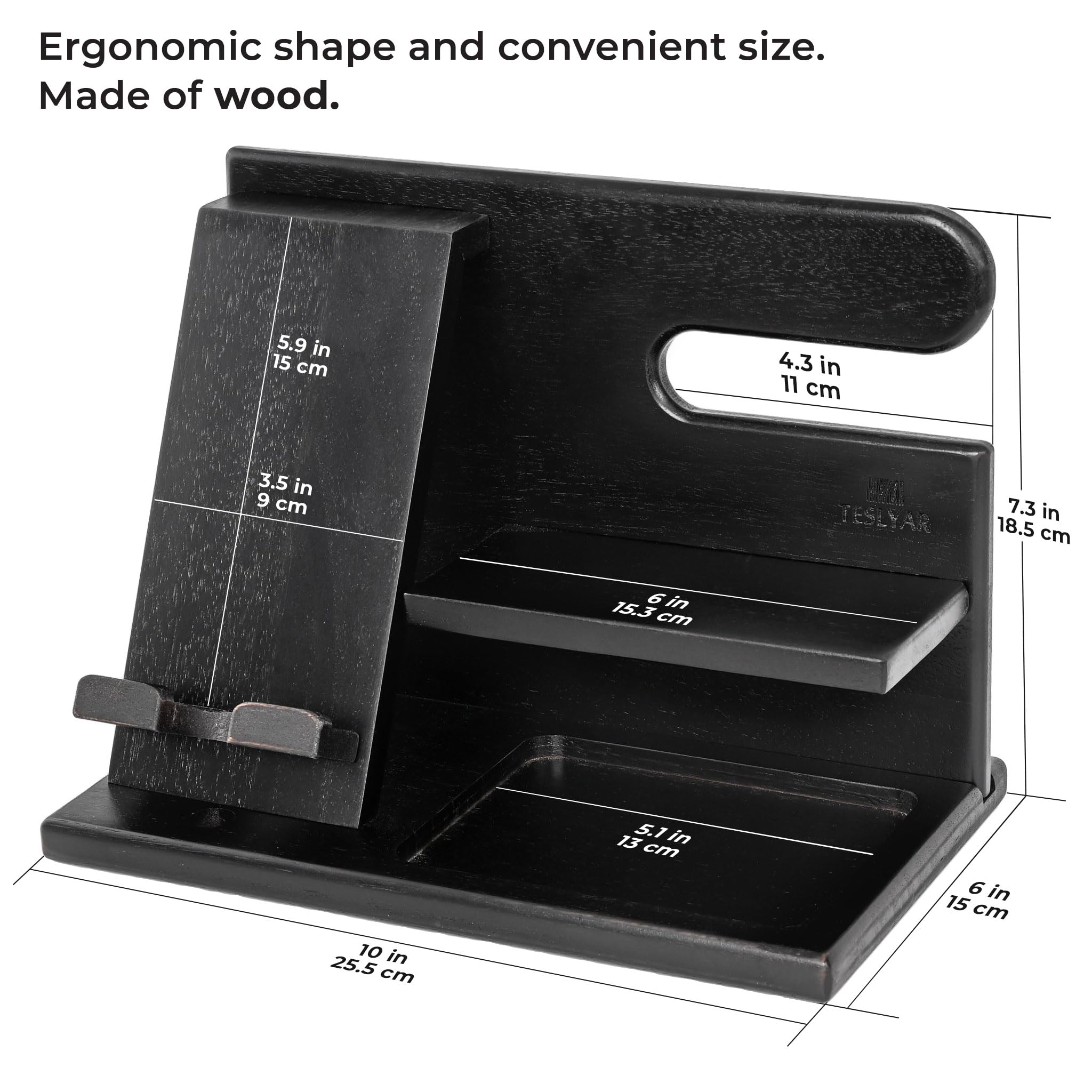 Teslyar Docking Station in legno di frassino per smartphone, organizer da comodino con portachiavi, supporto per portafoglio e orologio, regalo per uomo papà marito, anniversario compleanno (Nero)