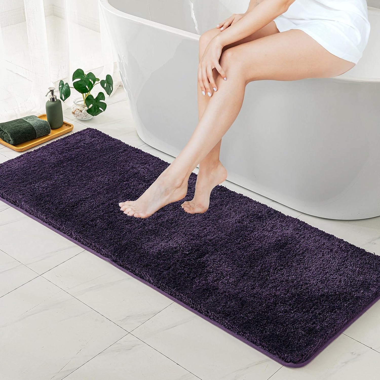 MIULEE Extra Thick Non Slip Bathroom Rug Shaggy Soft Bath Mat Plush Microfiber Absorbent Water for Shower Tub Machine Washable (Dark Purple, 16×48 Inches)