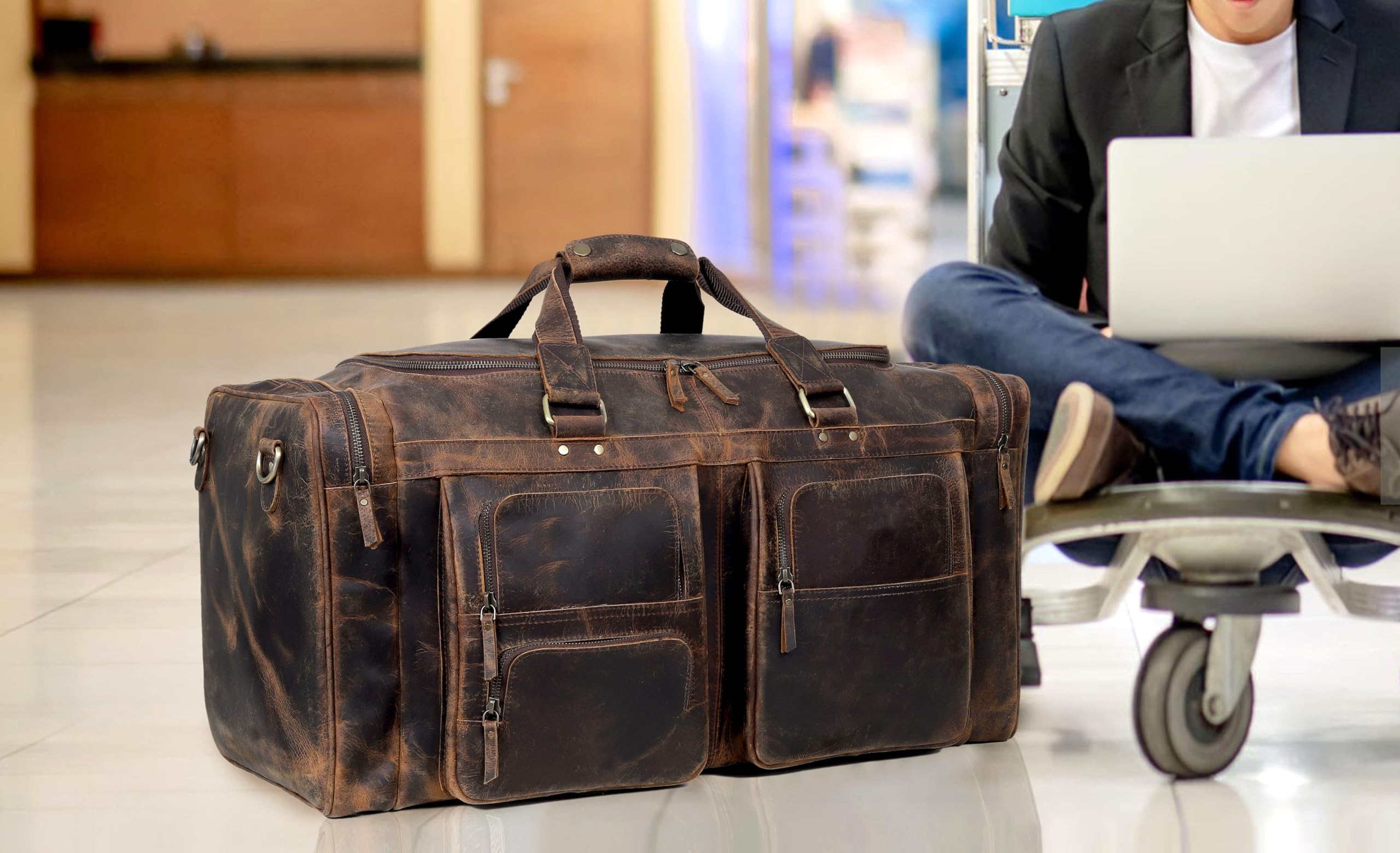 Premium Duffel Taschen für Männer Holdall Leder | Reisetasche | Wochenend-Duffle-Tasche | Dunkelbraun | Groß 24 x 12x 11 Zoll