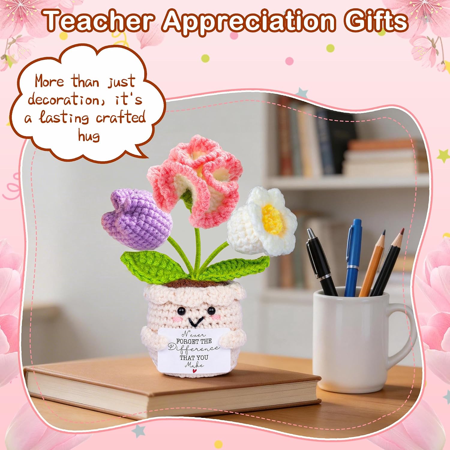 Teacher Appreciation Gifts, Thank You Teachers Gift, End of Year Teacher Gifts, Graduation Birthday Retirement Gift for Teachers Mentor Coworker Boss, Cute Handmade Crochet Carnations 3 Flowers Doll