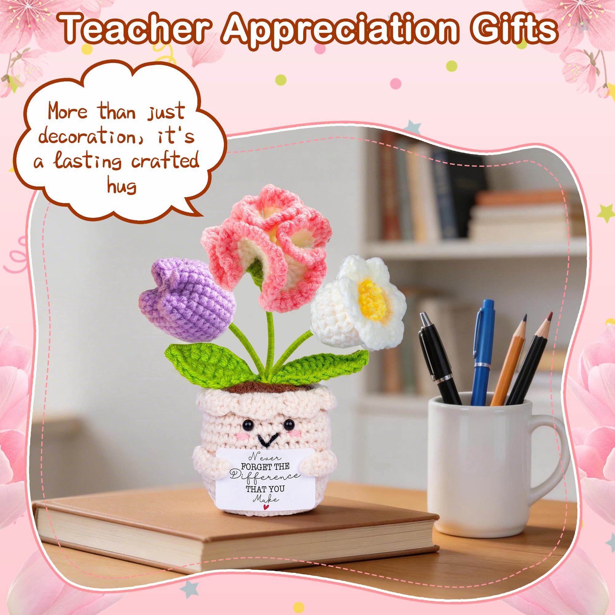 Teacher Appreciation Gifts, Thank You Teacher Gifts, Graduation Birthday Retirement Gift for Teachers Mentor Coworker Boss, Cute Handmade Crochet Carnations 3 Flowers Pot Doll Teacher's Day Bulk Gift - 4