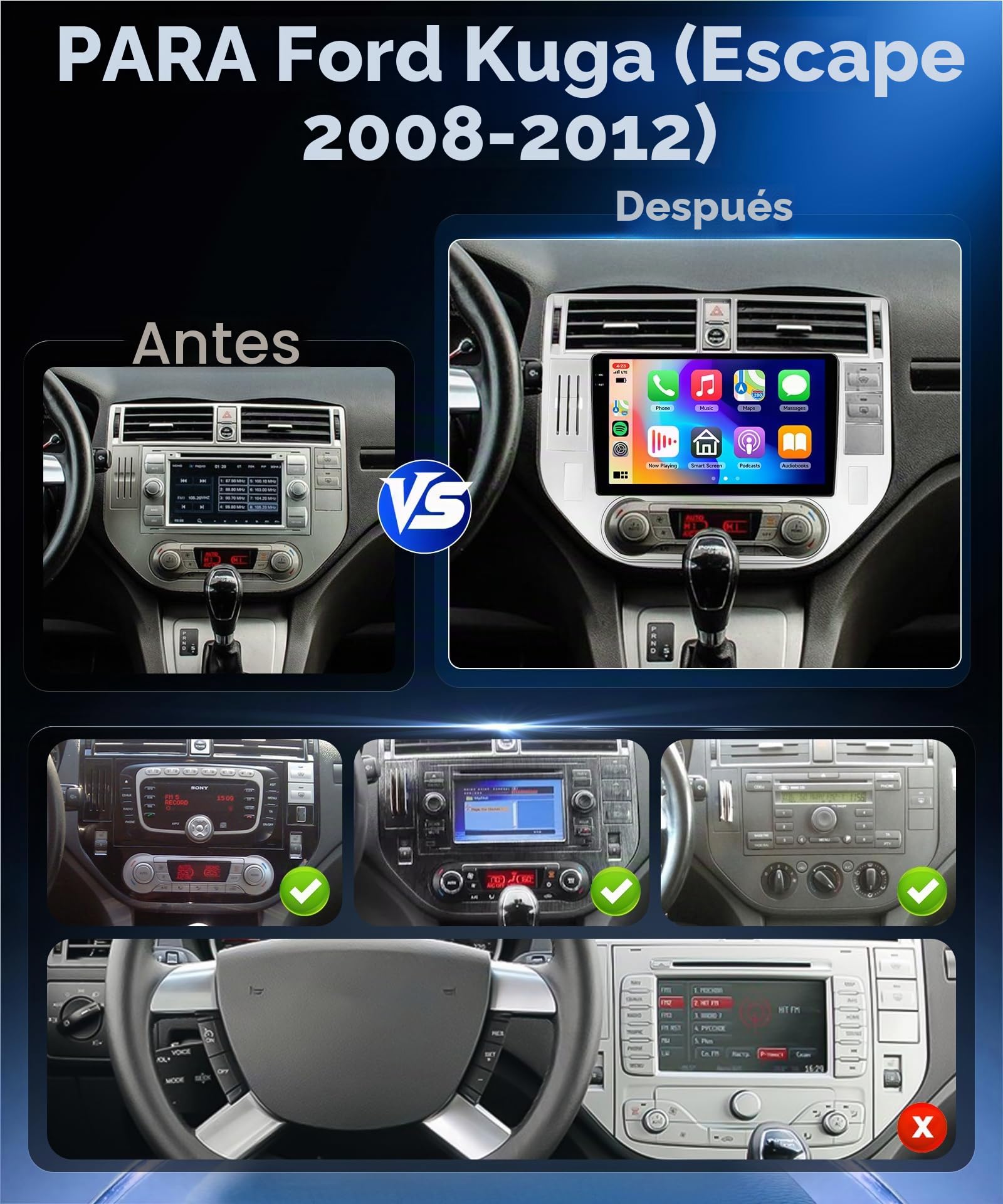 4G 128G VECHTEL 9" Radio para Coche con Bluetooth para Ford Kuga（Escape 2008-2012 Carplay Android Auto,GPS,RDS/FM Radio con cámara de visión Trasera