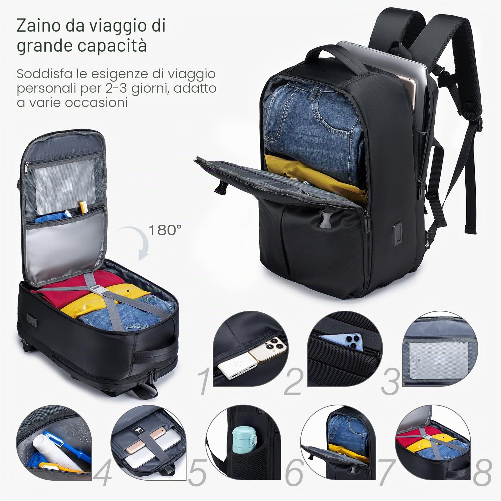 SPAHER 25L Bagaglio a Mano 40x30x20 Wizzair Vueling Zaino da Viaggio Aere Zaino Porta PC 15.6 Pollici include Porta di Ricarica USB et 2 Sacchetti a Vuoto Zainetto Lavoro Scuola Impermeabile