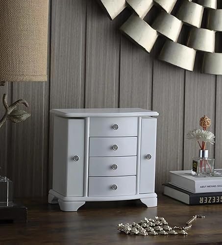 Miniatura 5 de Stufurhome Snow - Joyero de 4 cajones con 2 compartimentos laterales y un compartimento superior con soporte para espejo y anillos, color blanco