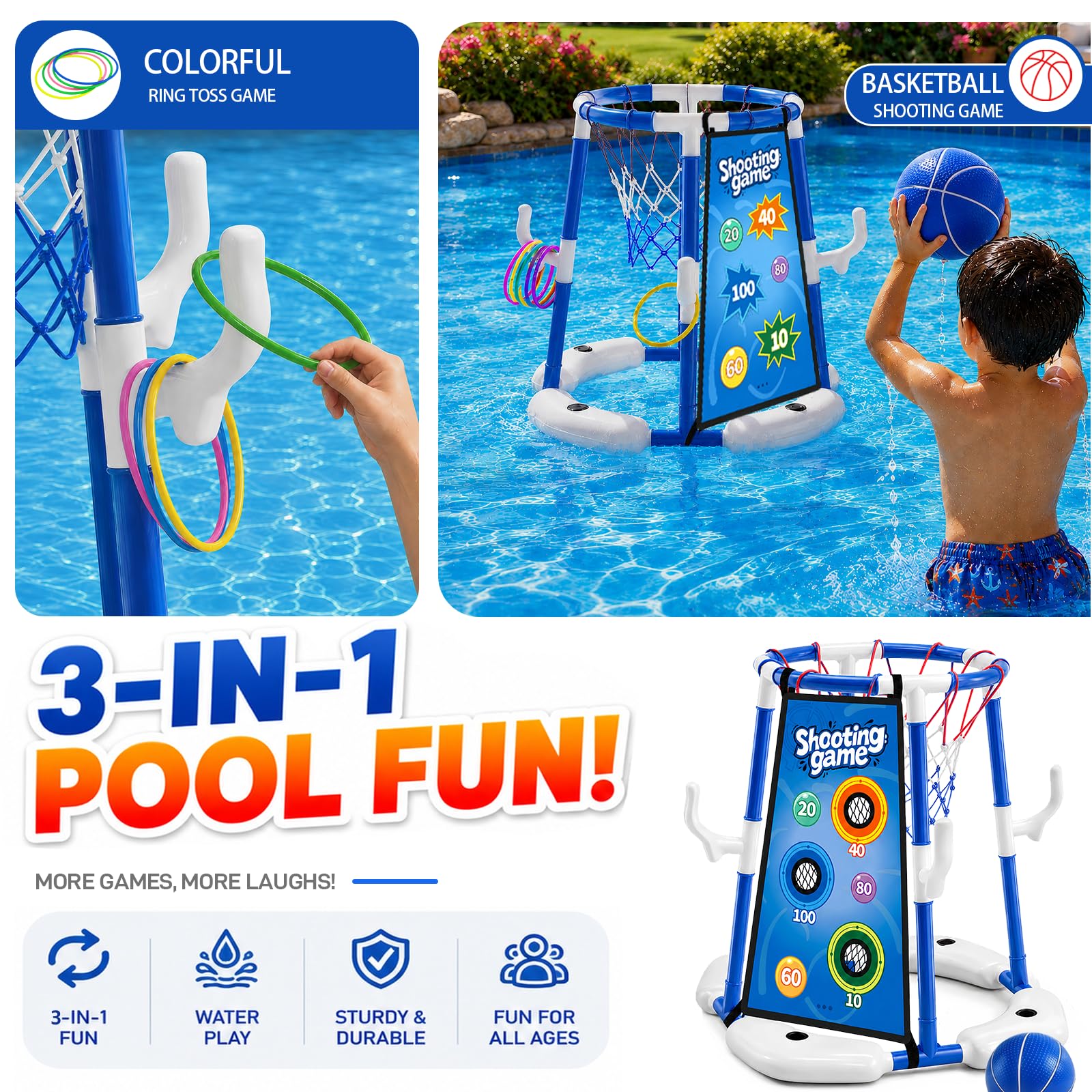 Ronronner 3-in-1 Pool Basketballkorb mit Sticky Ball Toss & Ring Toss, 12 Klebebällen, 4 Basketball, Wasserspielzeug für Kinder 4-8 & Erwachsene - Blau