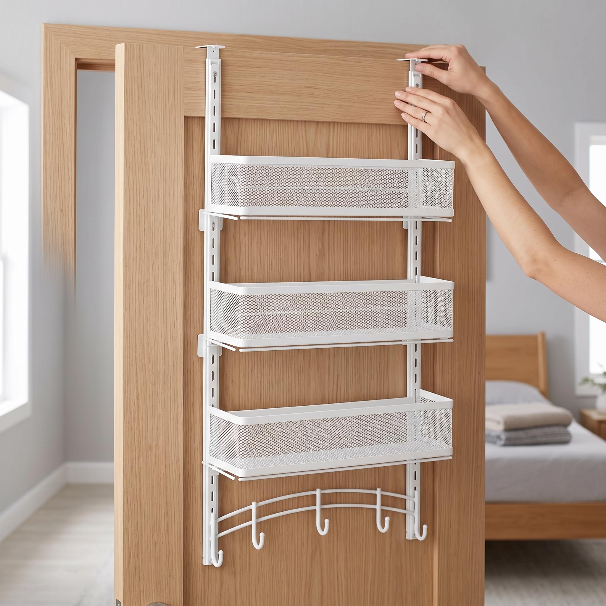 Étagère porte suspendue en métal - panier suspendu pour rangement porte à suspendre - Pour les vêtements, Blanc, 3 paniers suspendus + 1 barre de crochets