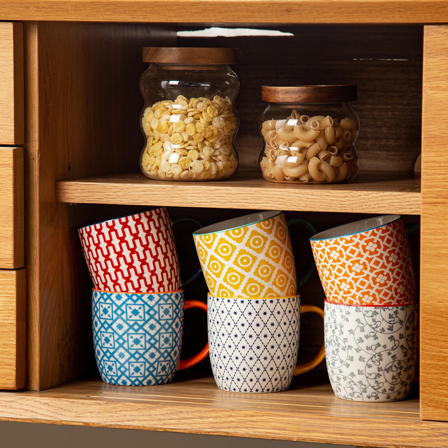 Keramik Kaffeebecher Set - 350 ml große Porzellan Teetassen mit Henkel für Cappuccino Latte Kakao Milch Tee - Weihnachten Housewarming Geschenk - Set von 6 - Bunt