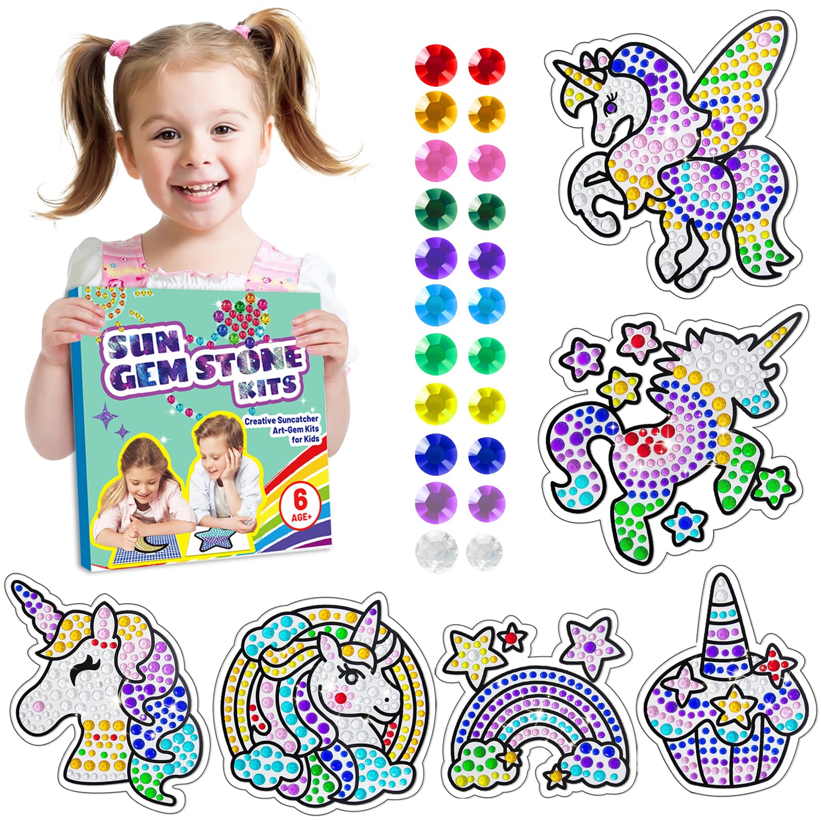 BASIFA6 Sheets Diamond Window Art Craft Kits for Kids Ages 6 7 8 9 10, Rainbow Cake DIY Suncatcher Diamond Sticking Kit for Girls & Boys Ages 6+ Gemstone Sticker for Party Decoration