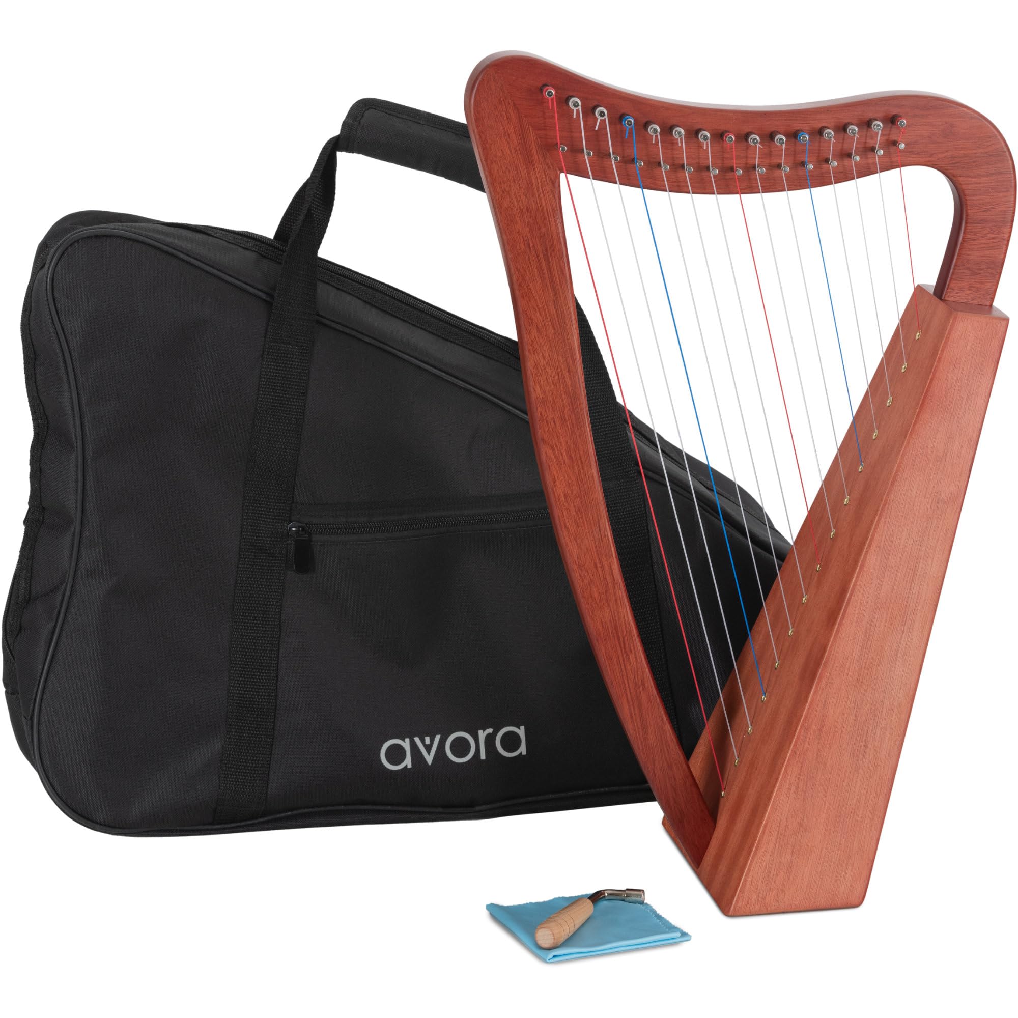 Avora Arpa Celtica 15 Corde in Nylon – Arpa Artigianale con Custodia & Accordatore – Diatonica in Do Maggiore - Suono Caldo e Pieno Grazie al Legno di Mahogany - Leggera & Compatta per Uso Flessibile