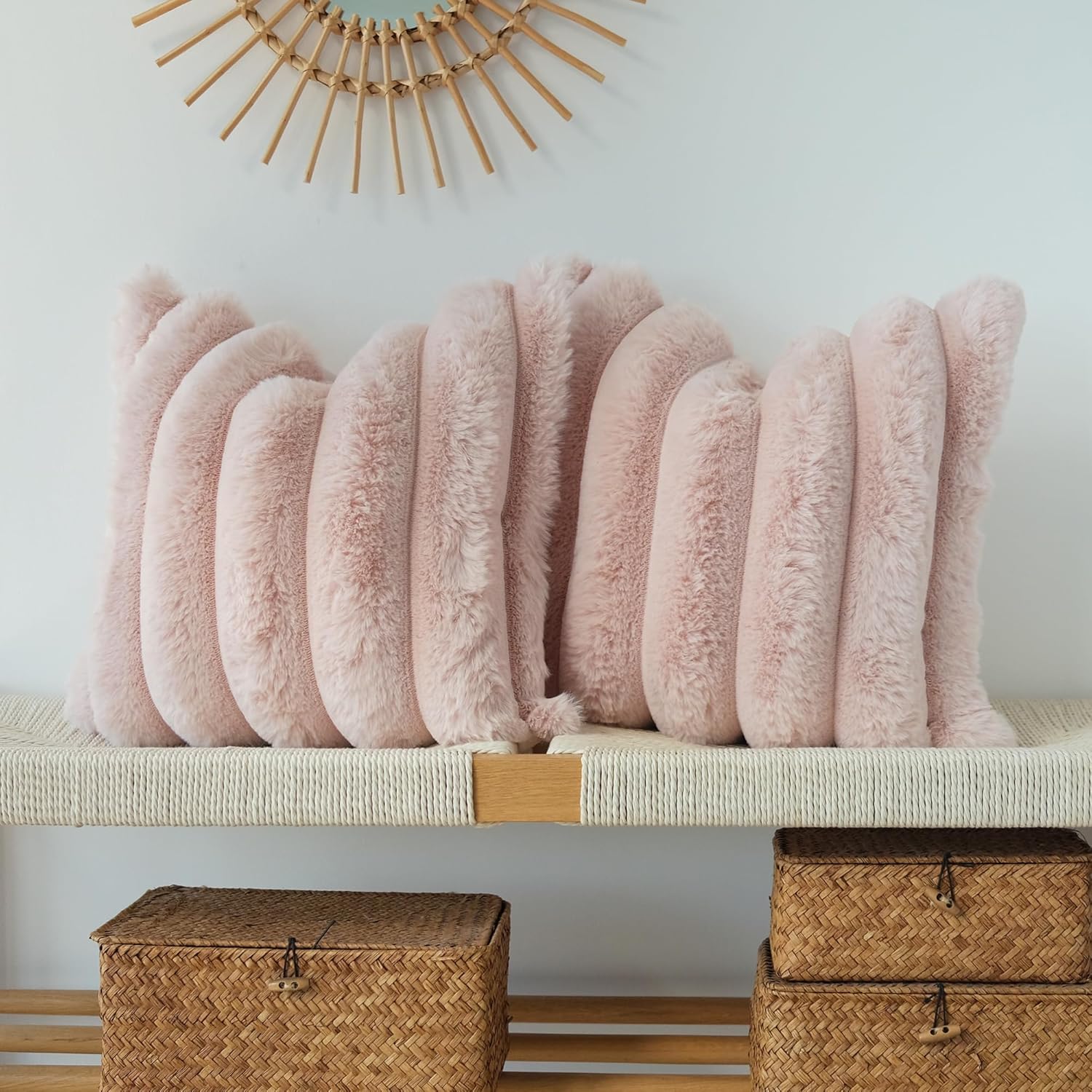 jojusis pack of 2 faux fur plush decorative throw pillow covers couch cushion case soft fluffy pillowcases wide stripe (pink, 20 x 20 inch)