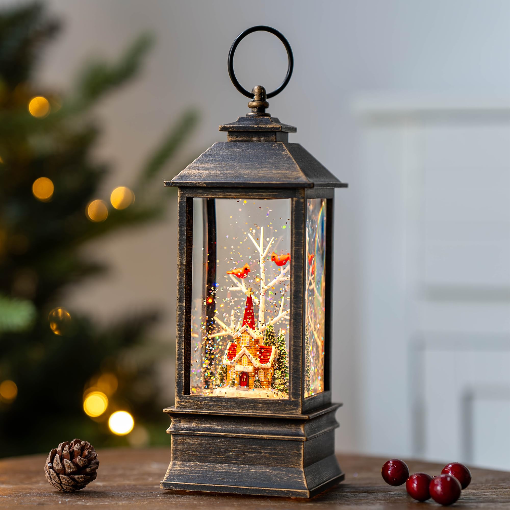 10'' Christmas Snow Globe Lantern Lighted Christmas Village Church Scene Musical Water Lantern with Swirling Glittering Home Decoration and Gift, Battery Operated or USB Powered