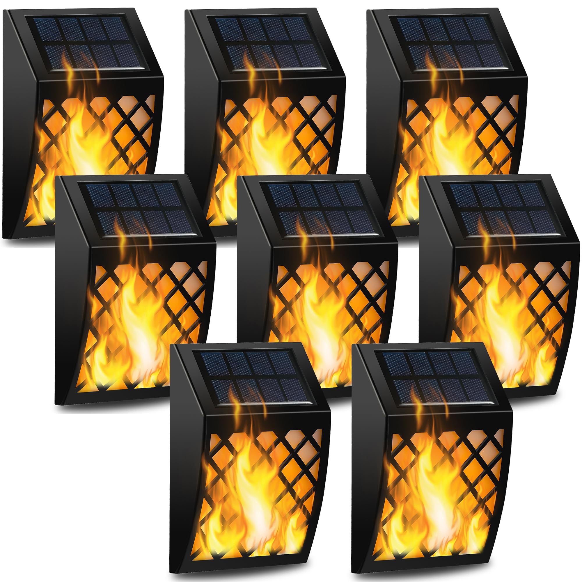 Dynaming Solar Flame Wall Lights Outdoor, 8 Pack Solar Powered Wall Lights, Flickering Flame Auto On/Off Wall Mounted Fence Deck Lights Lattice Decorative for Garage Garden Pathway Patio Porch Yard