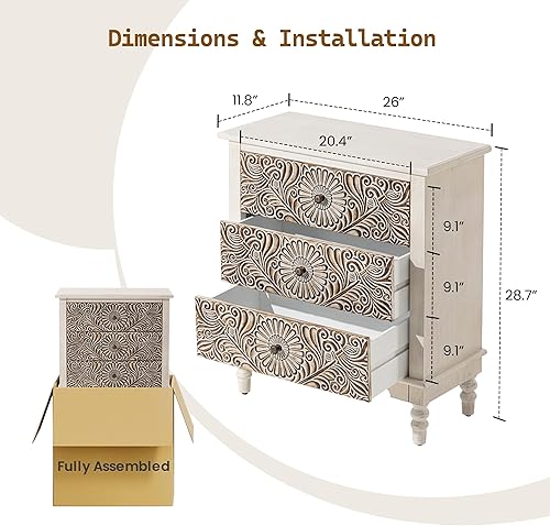Miniatura 37 de SUNBURY Mesa auxiliar para sala de estar, mesa auxiliar pequeña con 3 cajones, mesita de noche vintage, elegante mesita de noche pequeña para