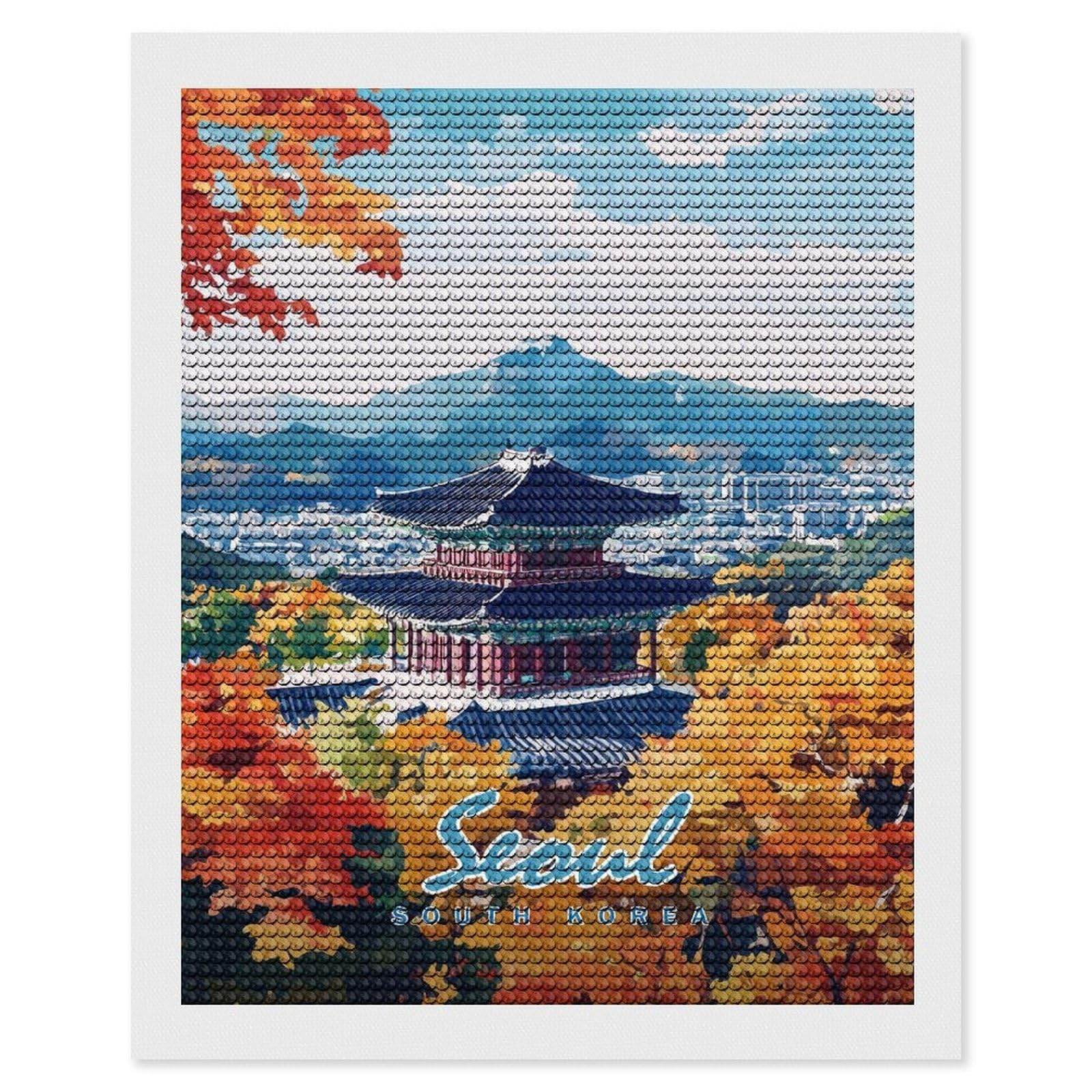Junmoney Seoul Cityscape with Pagoda Diamond Art Canvas 16"x20", for Adults, Printed Canvas, Home Wall Decor, Gift Idea, Mindful Craft Activity