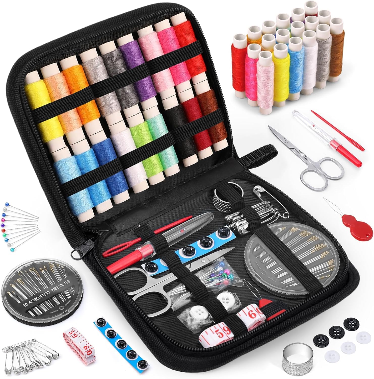 VERAT 90 Pcs Sewing kit Box Tailoring Accessories Sui Dhaga Kit/Thread Box Set for Sewing Machine/Needle Threader Tool/Needles/Threads, Scissors/Buttons/Scissors/Tape/Travel/Stitching Items Box for Home-image-25