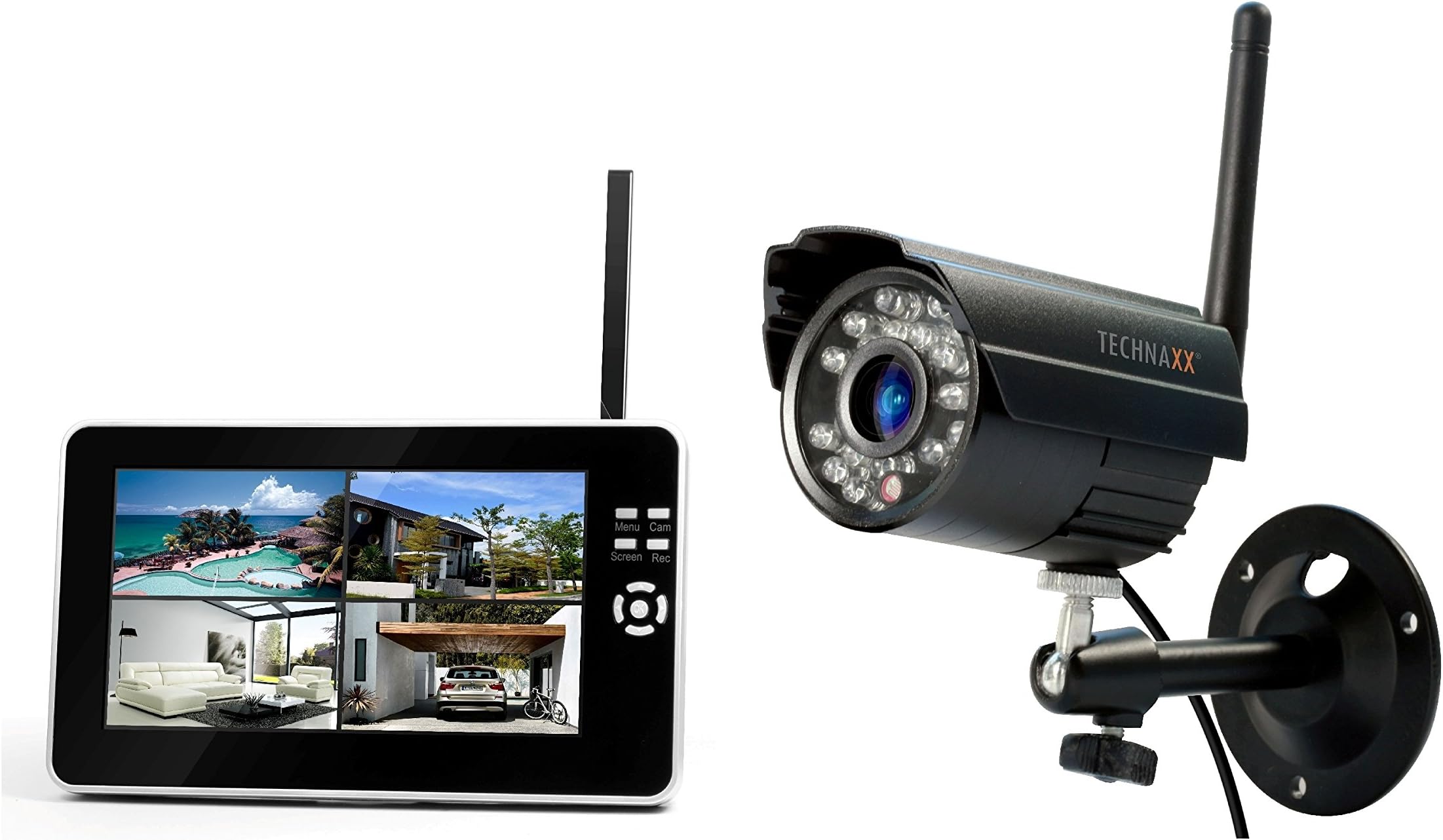 Technaxx Germany Security Surveillance Outdoor Camera Set Wireless Plug & Play Transmission LCD 7 inch Monitor PIR Day & Night Vision Build-in Microphone TX-28