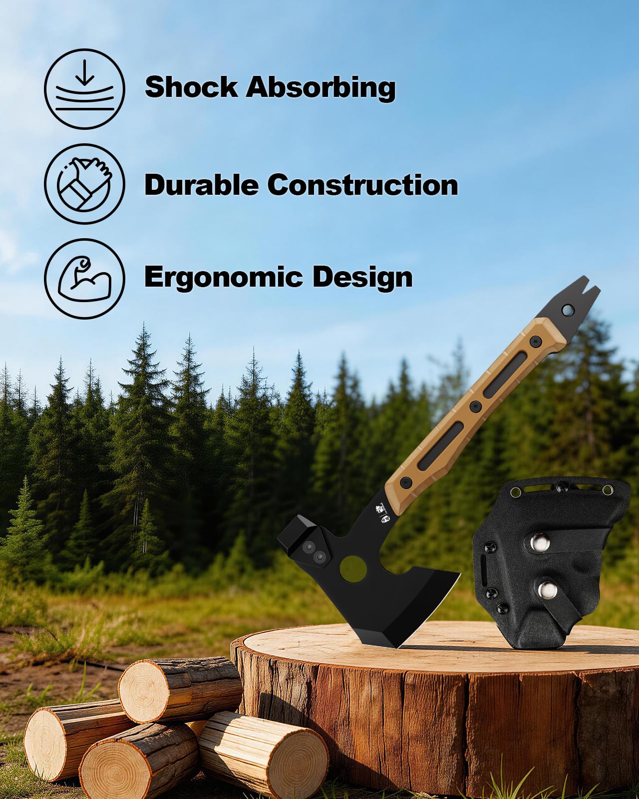 HX OUTDOORS Accetta Multifunzionale, Accetta Tattica da Sopravvivenza con Rivestimento in Titanio Nero per Campeggio e Bushcraft, Dotata di Martello e Estrattore per Chiodi (Marrone)