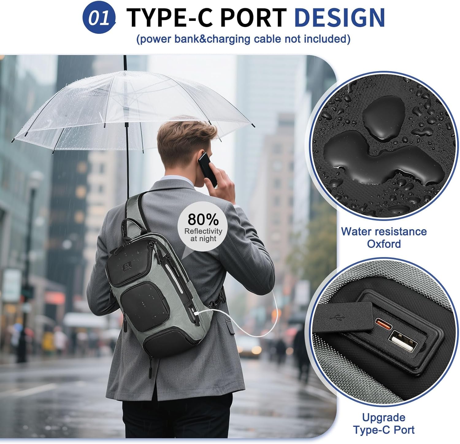 Sling Bag for Men, Anti Theft Mini Backpack with USB Charge Port, Lightweight Convertible Crossbody One Strap Casual Pack (Grey)