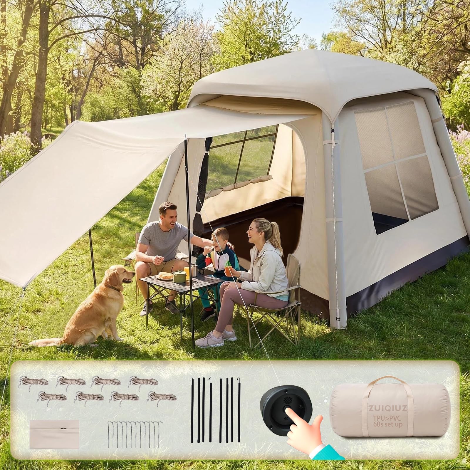 1/2/3/4/5/6/8 Person TPU Eco-Friendly 1Min Easy Pop Up Canopy Inflatable Pump Beach Tent for Camping Party Backpacking WindWaterproof Privacy Portable Family Outdoor Sun Shelter Cabin 4 Season Khaki
