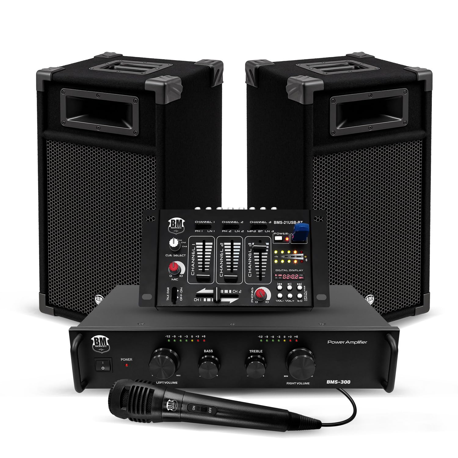 Kit Sonorisation 300W Bm Sonic BMS-DJ300-USB-BT Initiation DJ Enceintes Ampli Table de Mixage Bluetooth USB, Microphone Câblages